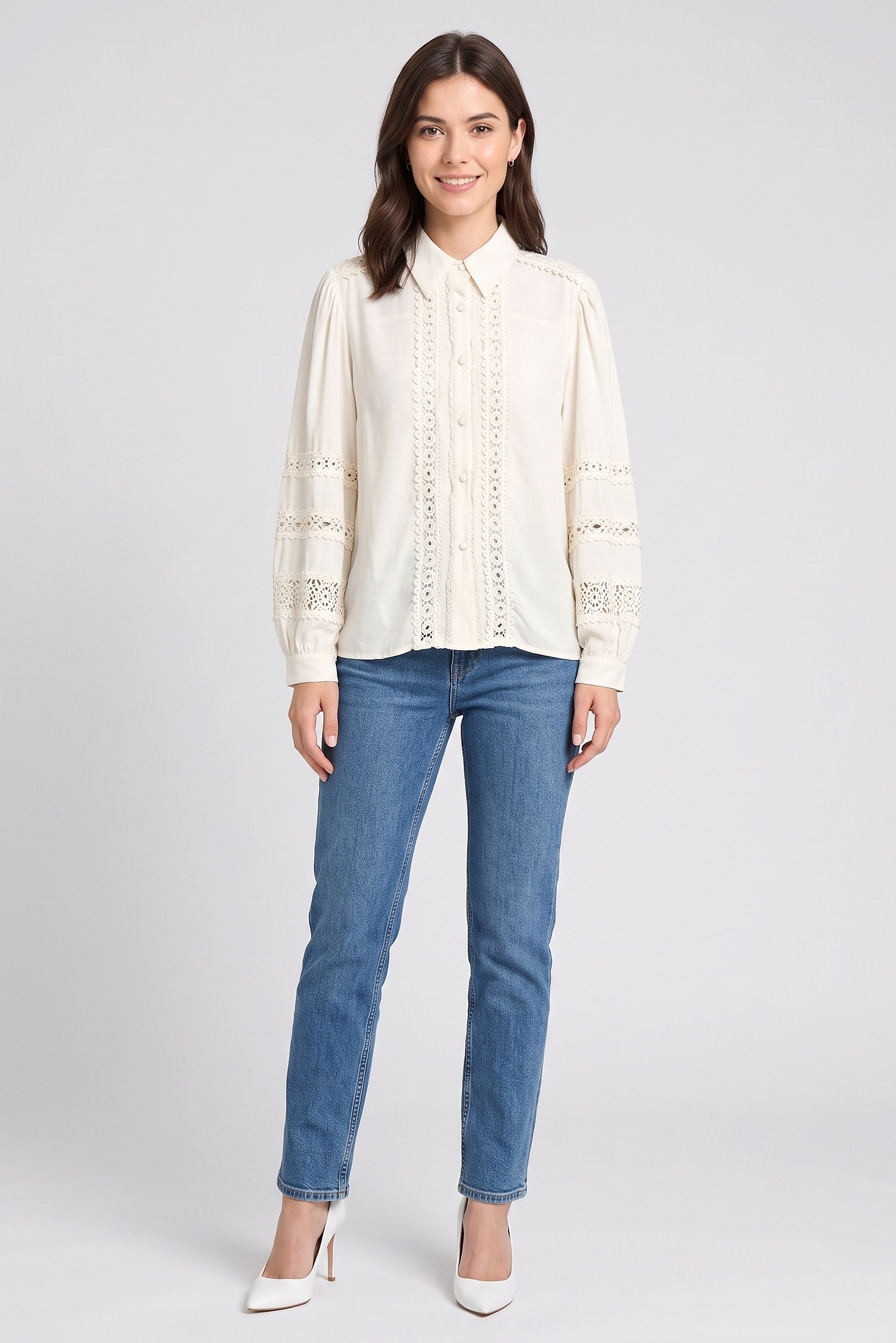 Women Pointed Collar Long Sleeve Shirt, Cream