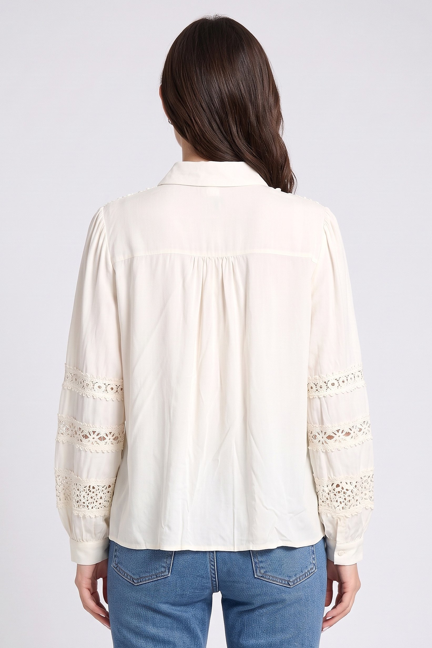 Women Pointed Collar Long Sleeve Shirt, Cream