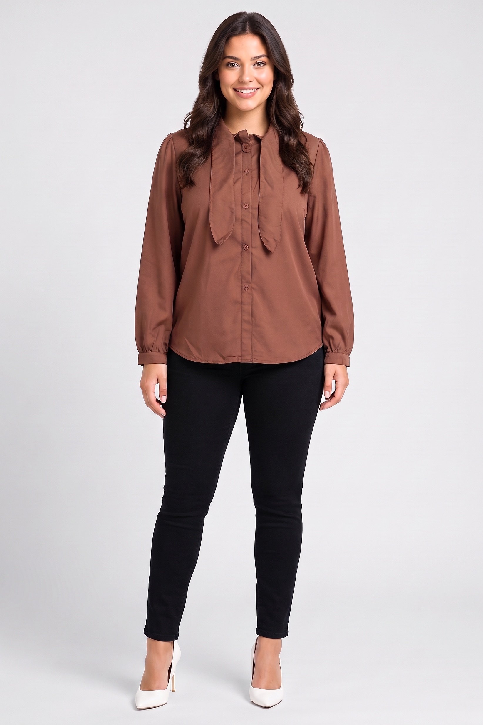 Women Tie Neck Long Sleeve Solid Shirt, Brown
