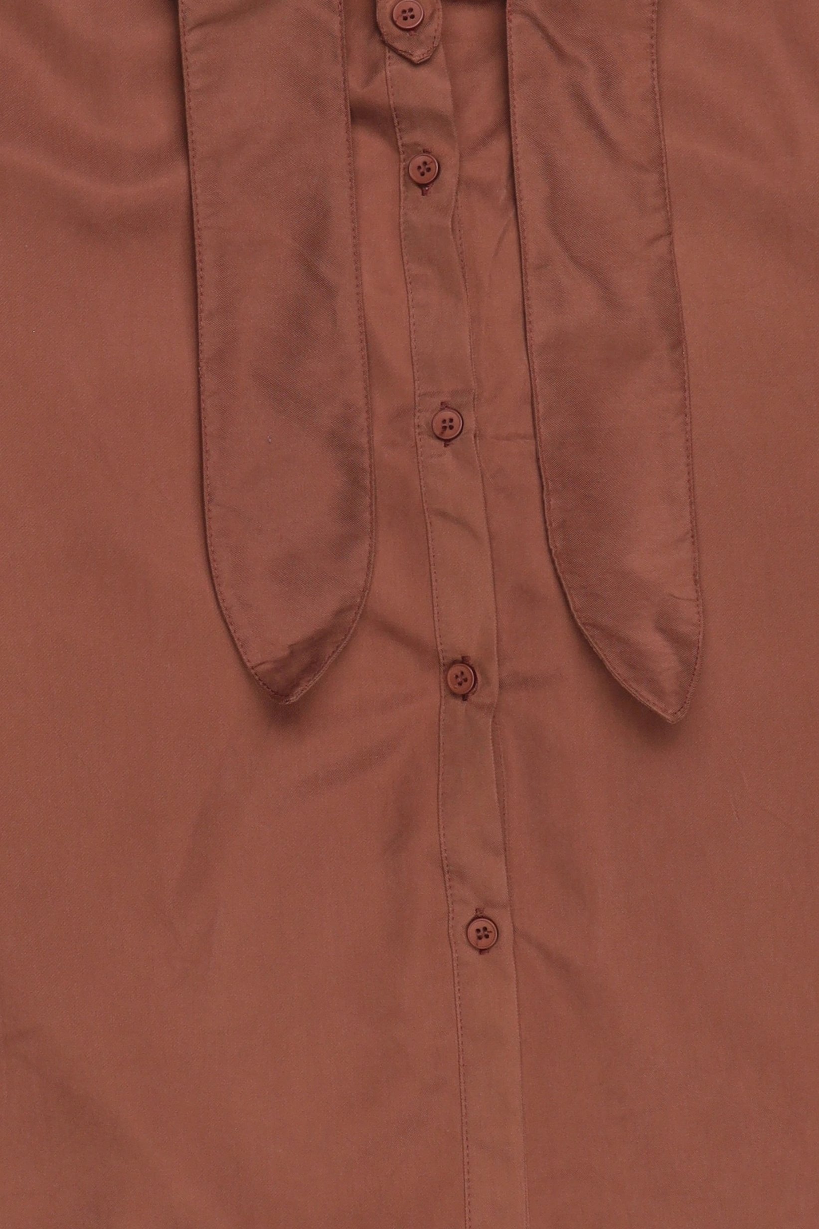 Women Tie Neck Long Sleeve Solid Shirt, Brown