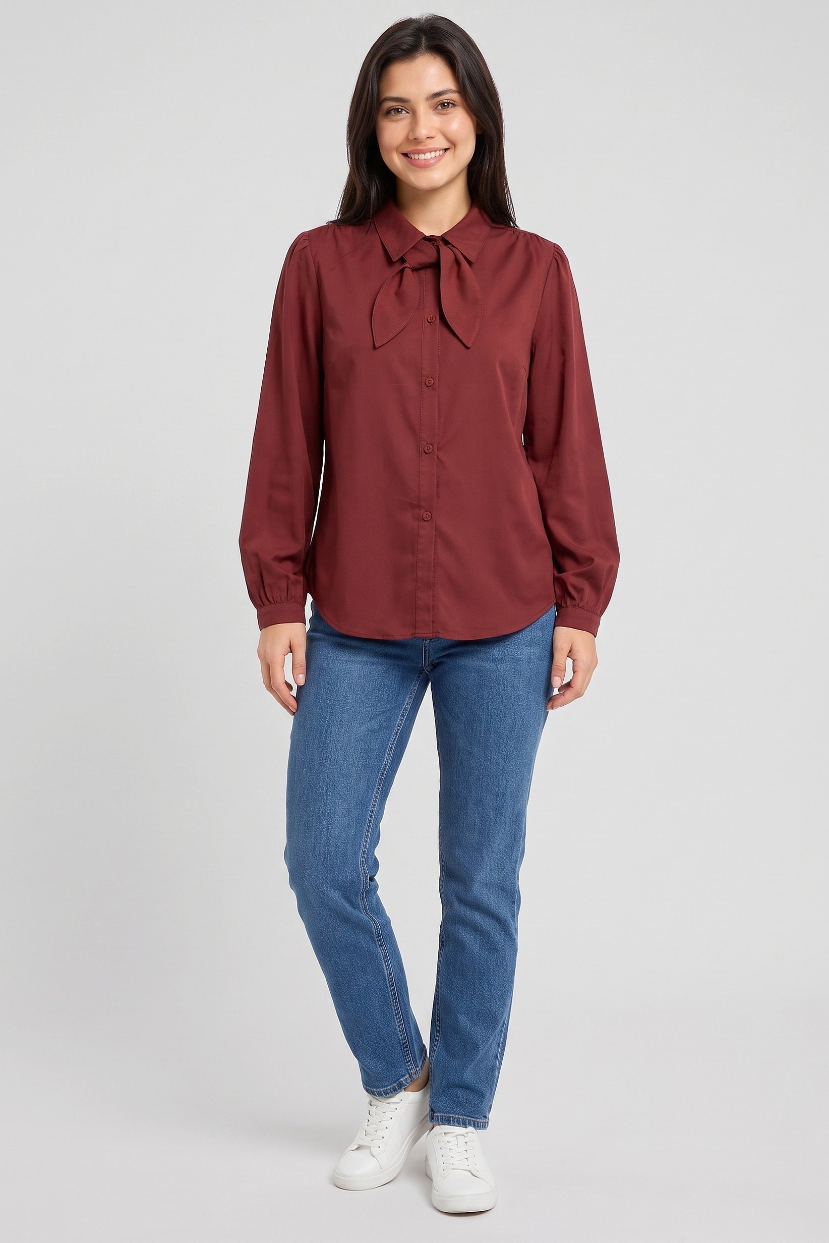 Women Tie Neckline Long Sleeve Solid Shirt, Maroon