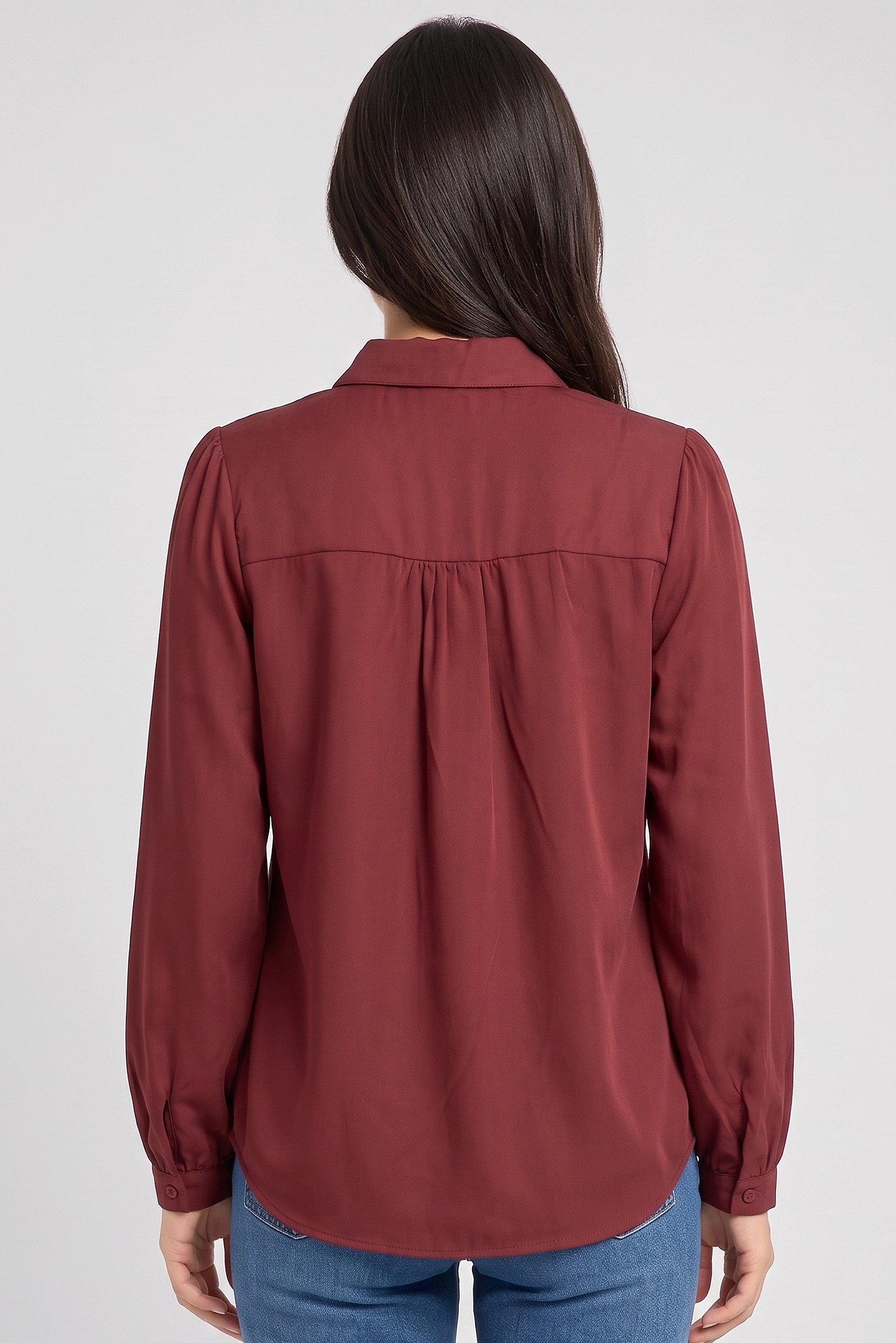 Women Tie Neckline Long Sleeve Solid Shirt, Maroon