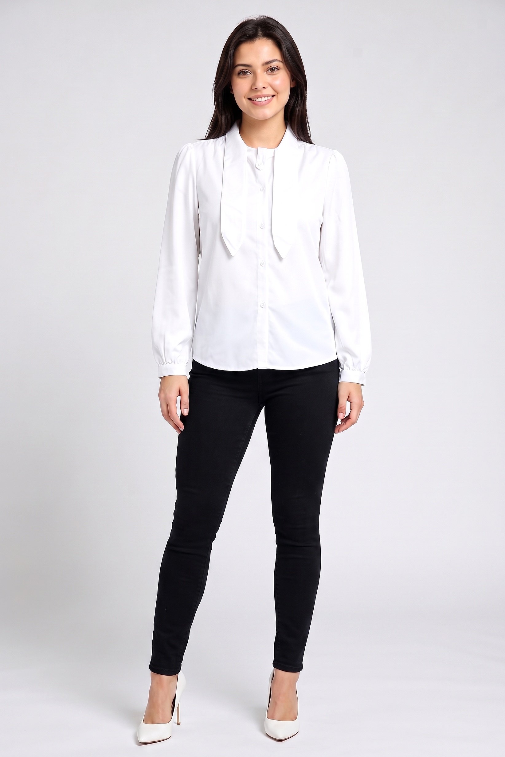 Women Pointed Collar Long Sleeve Solid Blouse, White