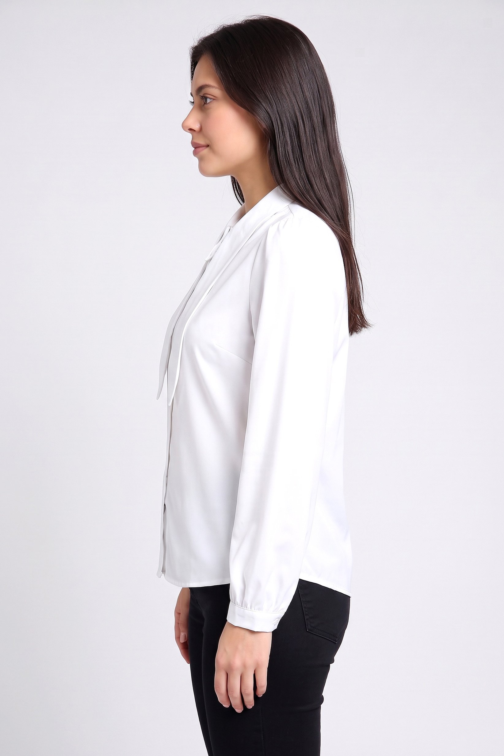 Women Pointed Collar Long Sleeve Solid Blouse, White
