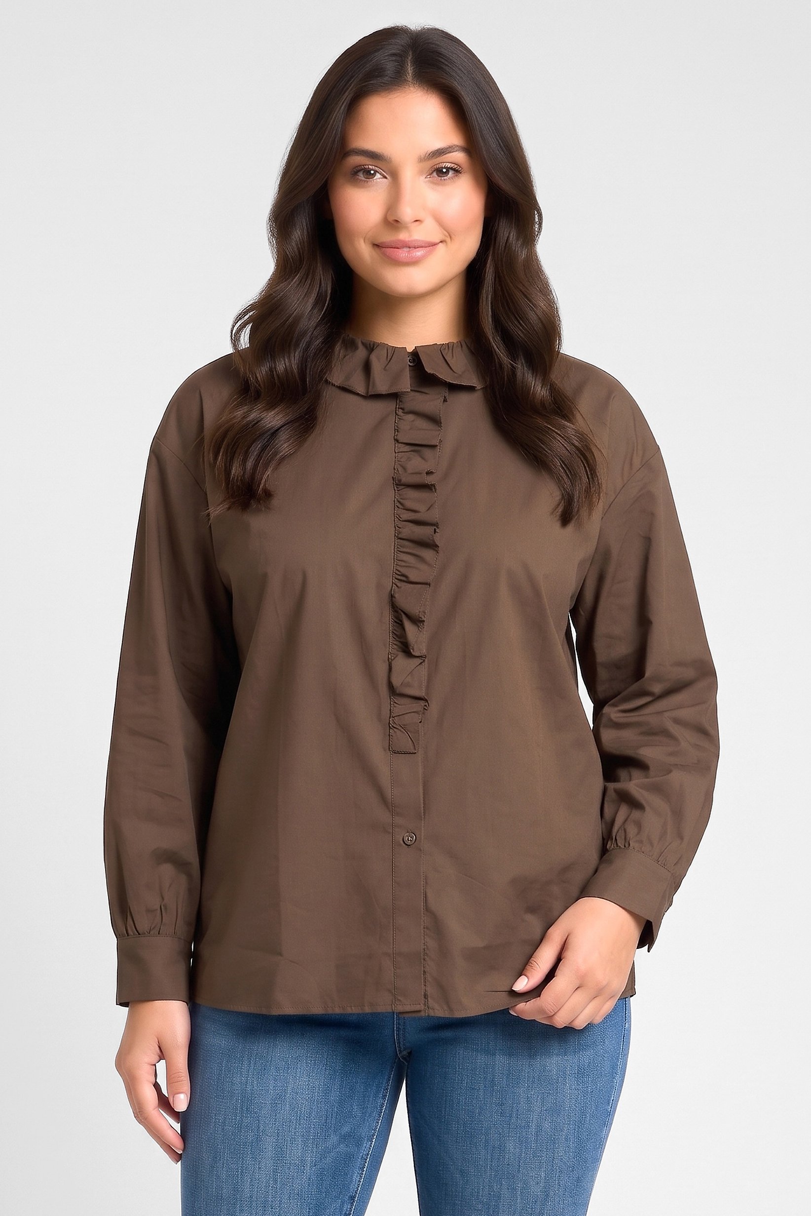 Women Ruffle Neck Long Sleeve Solid Blouse, Brown