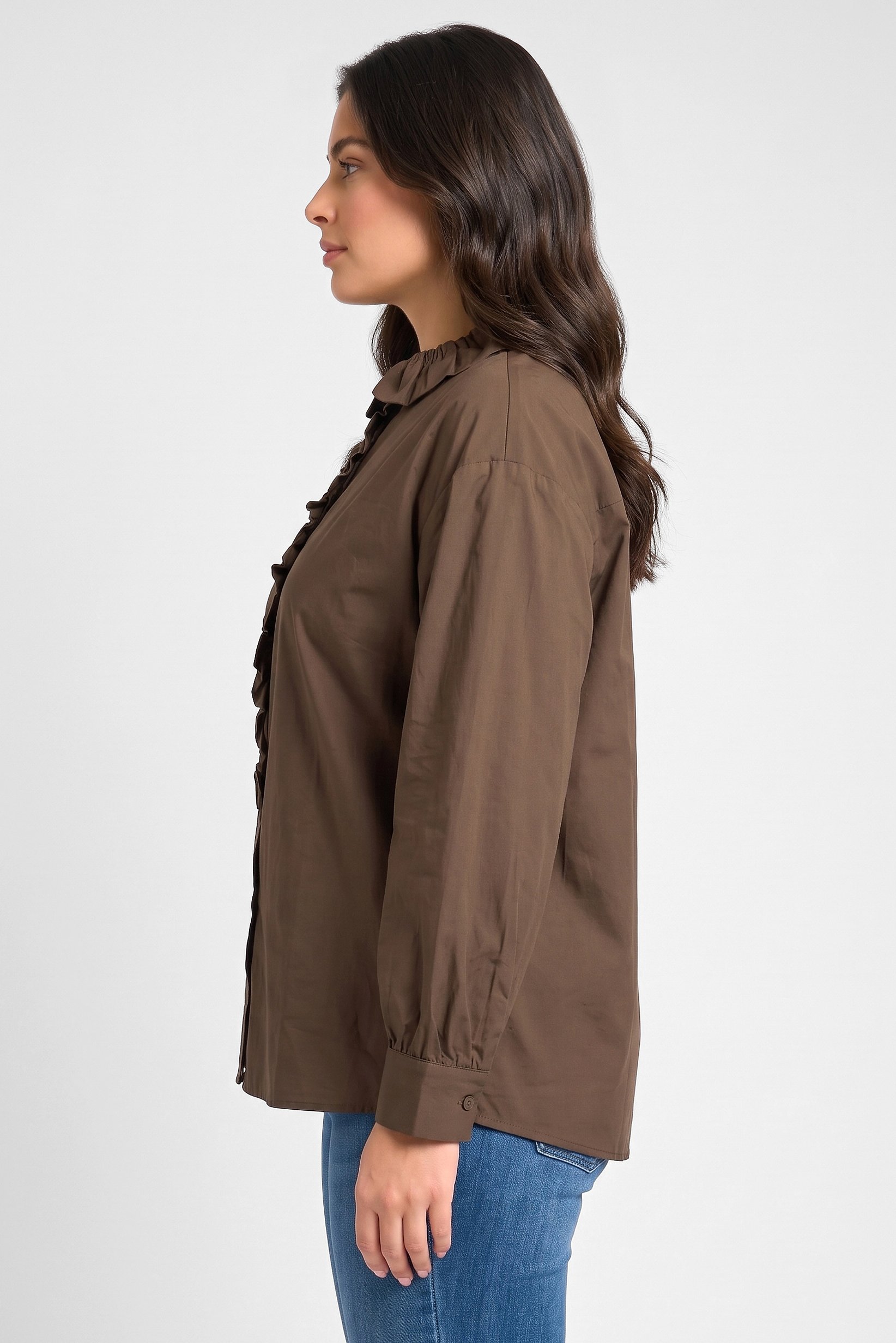 Women Ruffle Neck Long Sleeve Solid Blouse, Brown