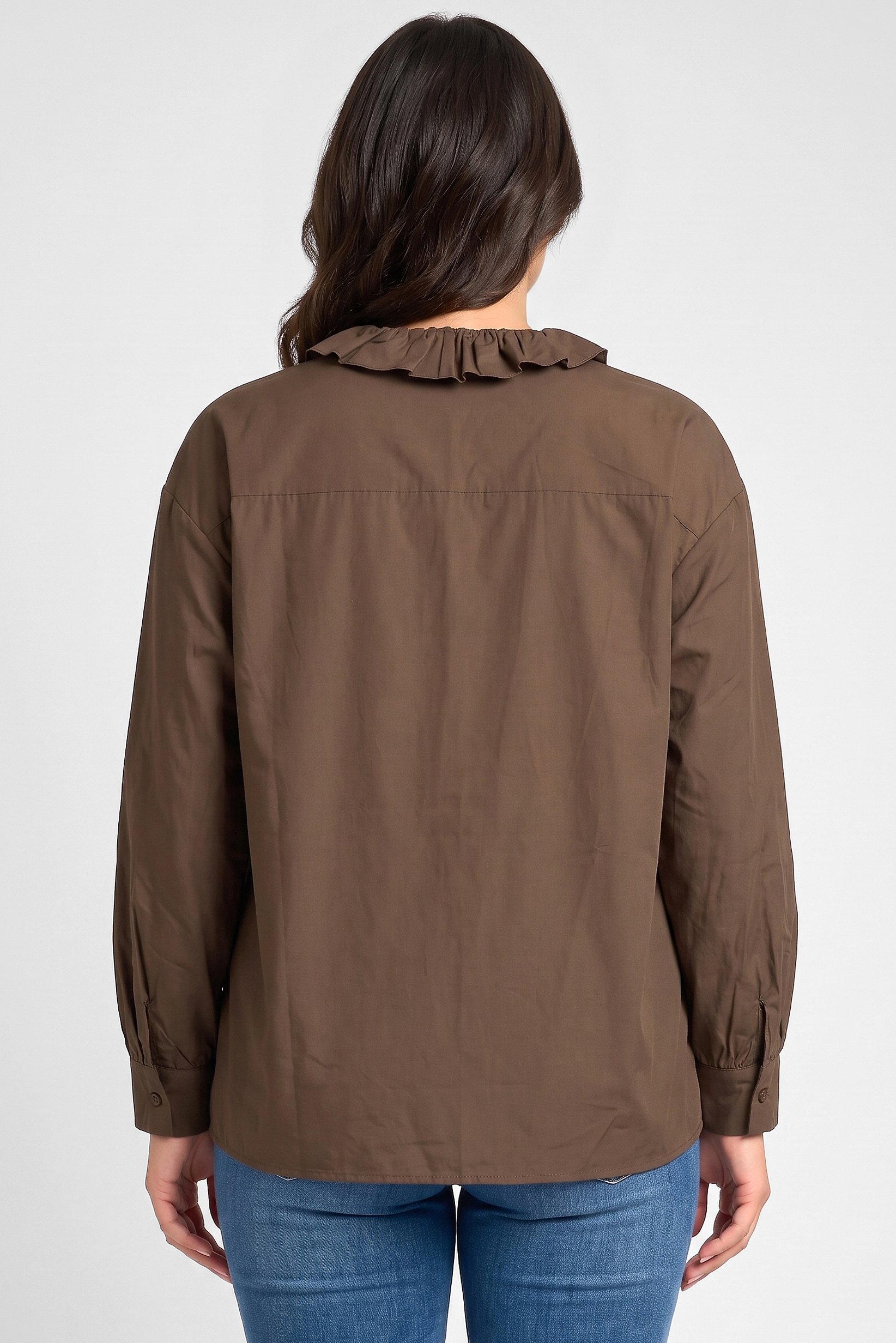 Women Ruffle Neck Long Sleeve Solid Blouse, Brown