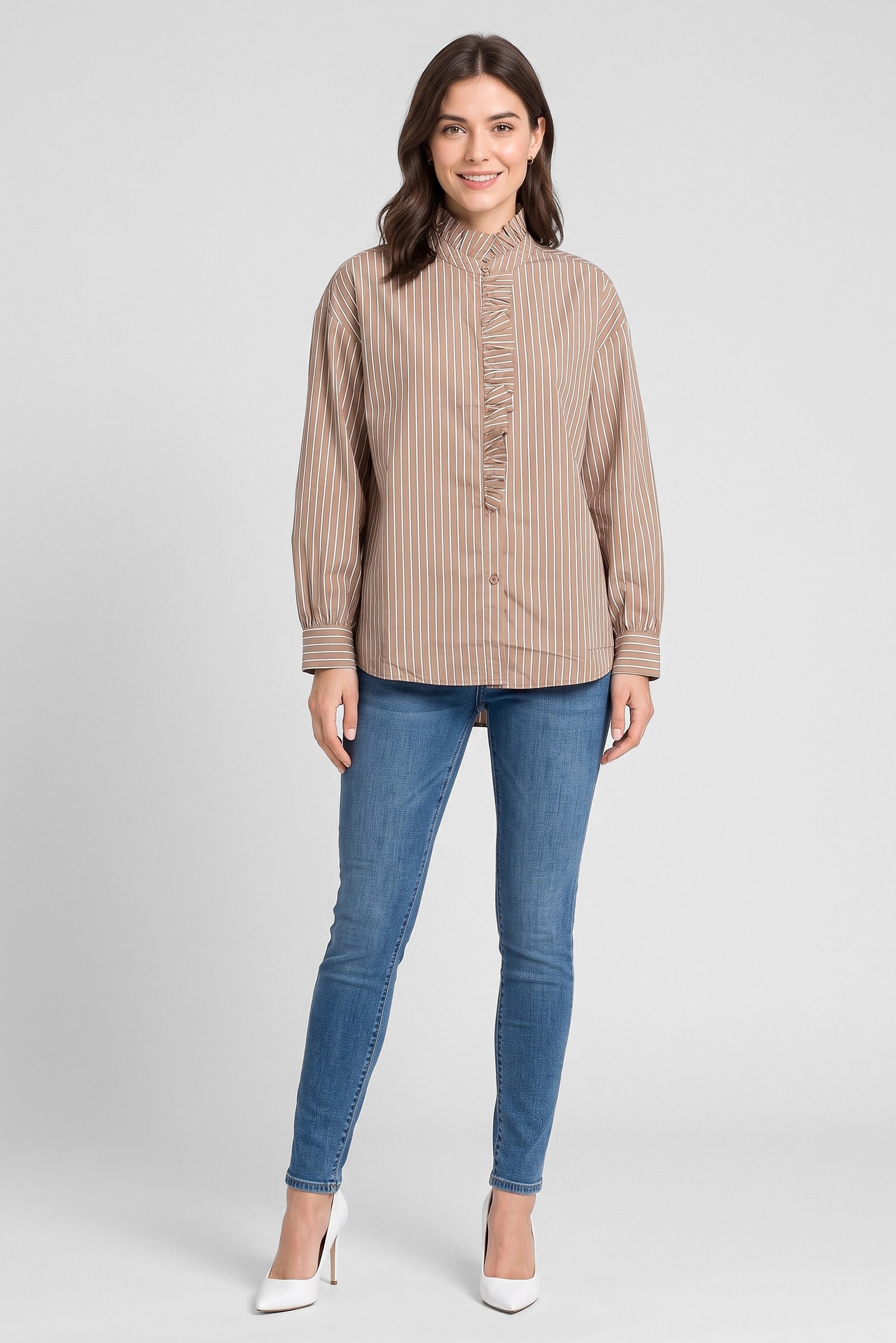 Women High Neck Long Sleeve Stripe Shirt, Multicolor