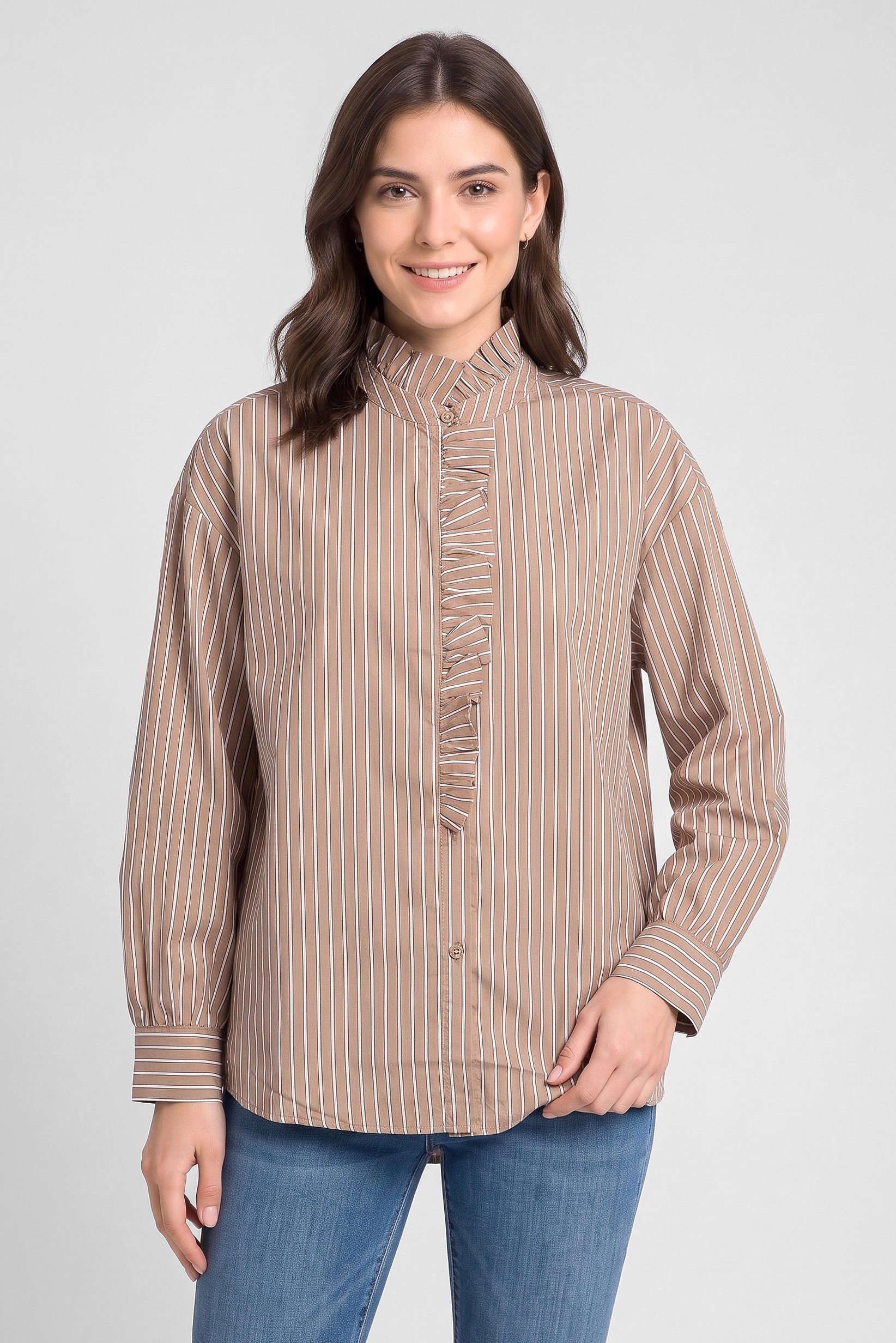 Women High Neck Long Sleeve Stripe Shirt, Multicolor