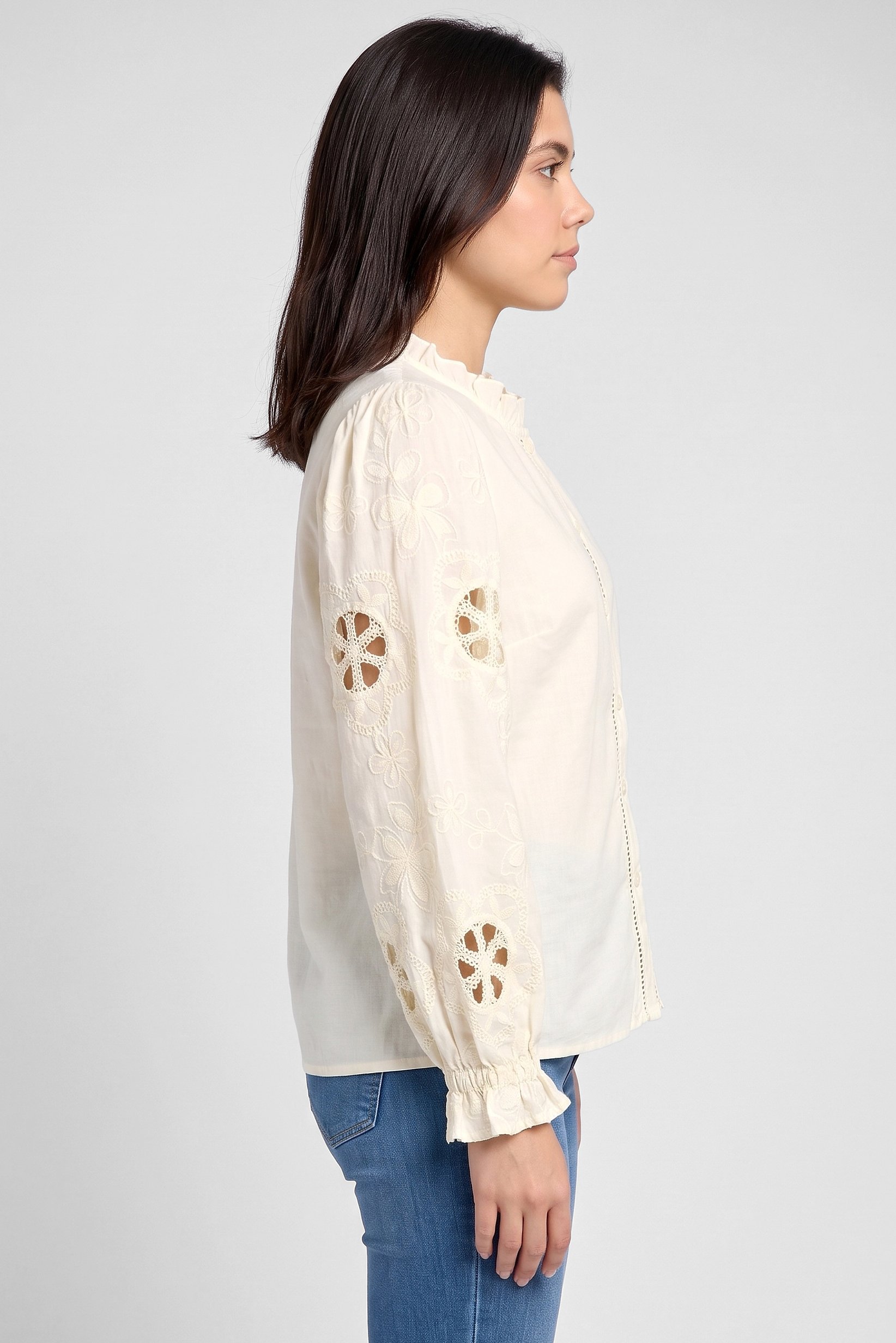 Women Ruffle Neck Long Sleeve Embroidered Shirt, Cream