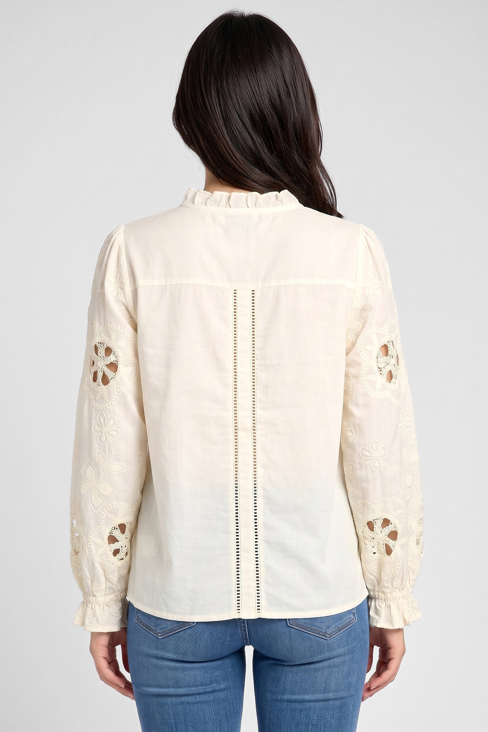 Women Ruffle Neck Long Sleeve Embroidered Shirt, Cream