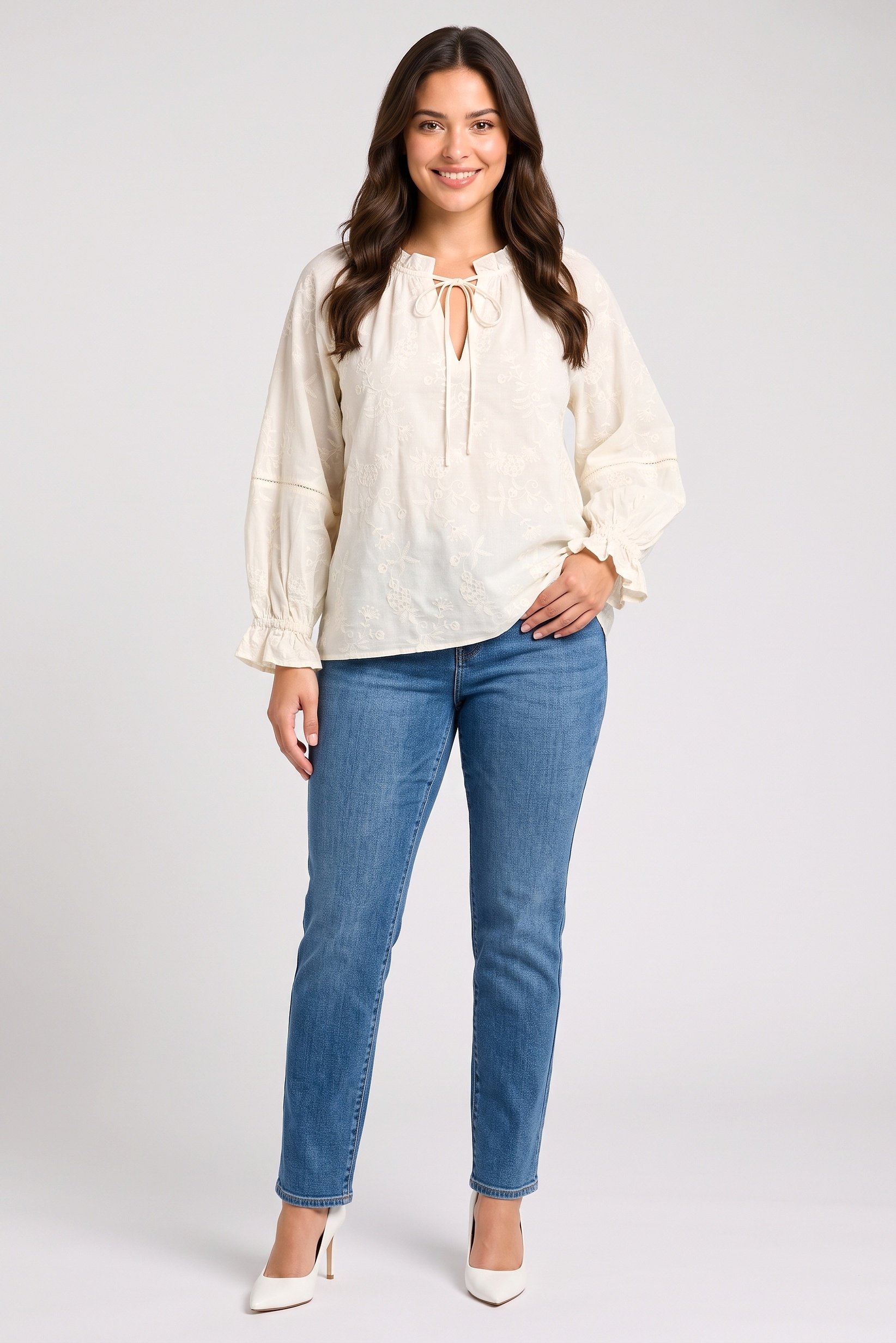 Women Tie-Neck Long Sleeve Embroidered Blouse, Beige