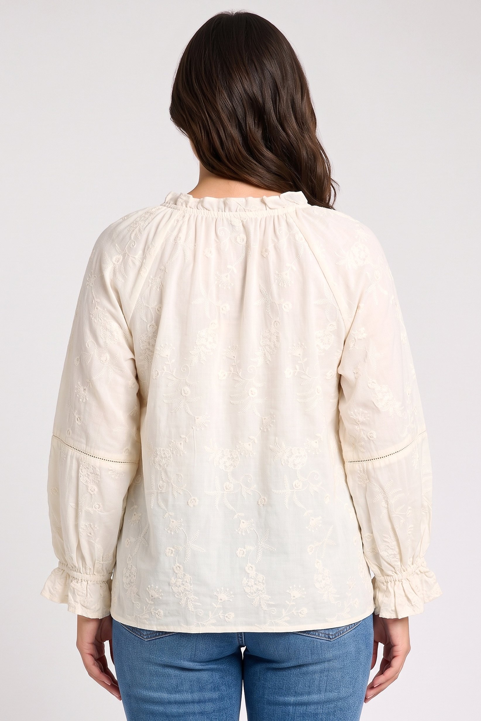 Women Tie-Neck Long Sleeve Embroidered Blouse, Beige