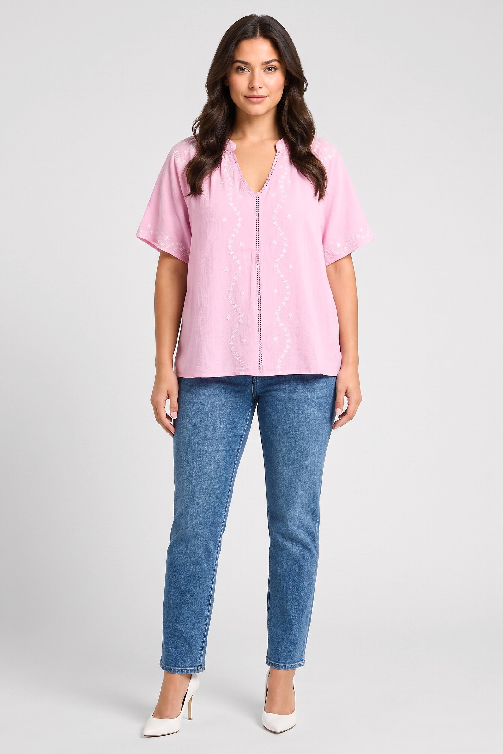 Women V-Neck Short Sleeve Embroidered Blouse, Multicolor