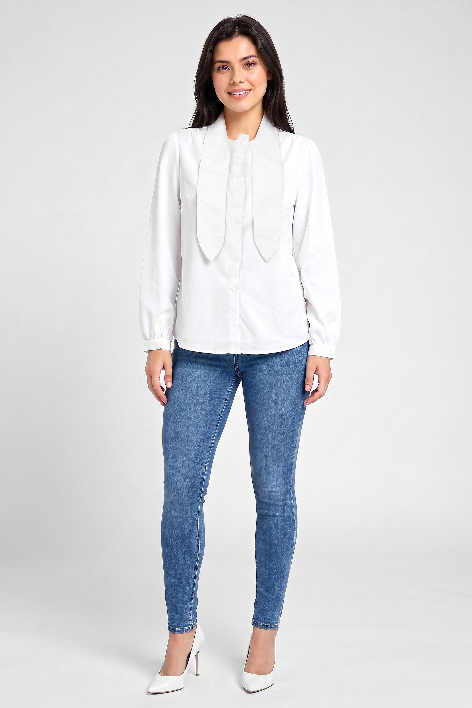 Women Tie Neck Plain Long Sleeve Shirt, White