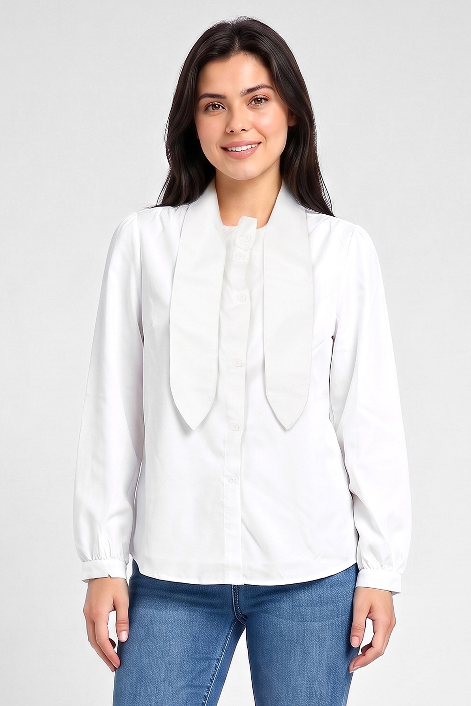 Women Tie Neck Plain Long Sleeve Shirt, White