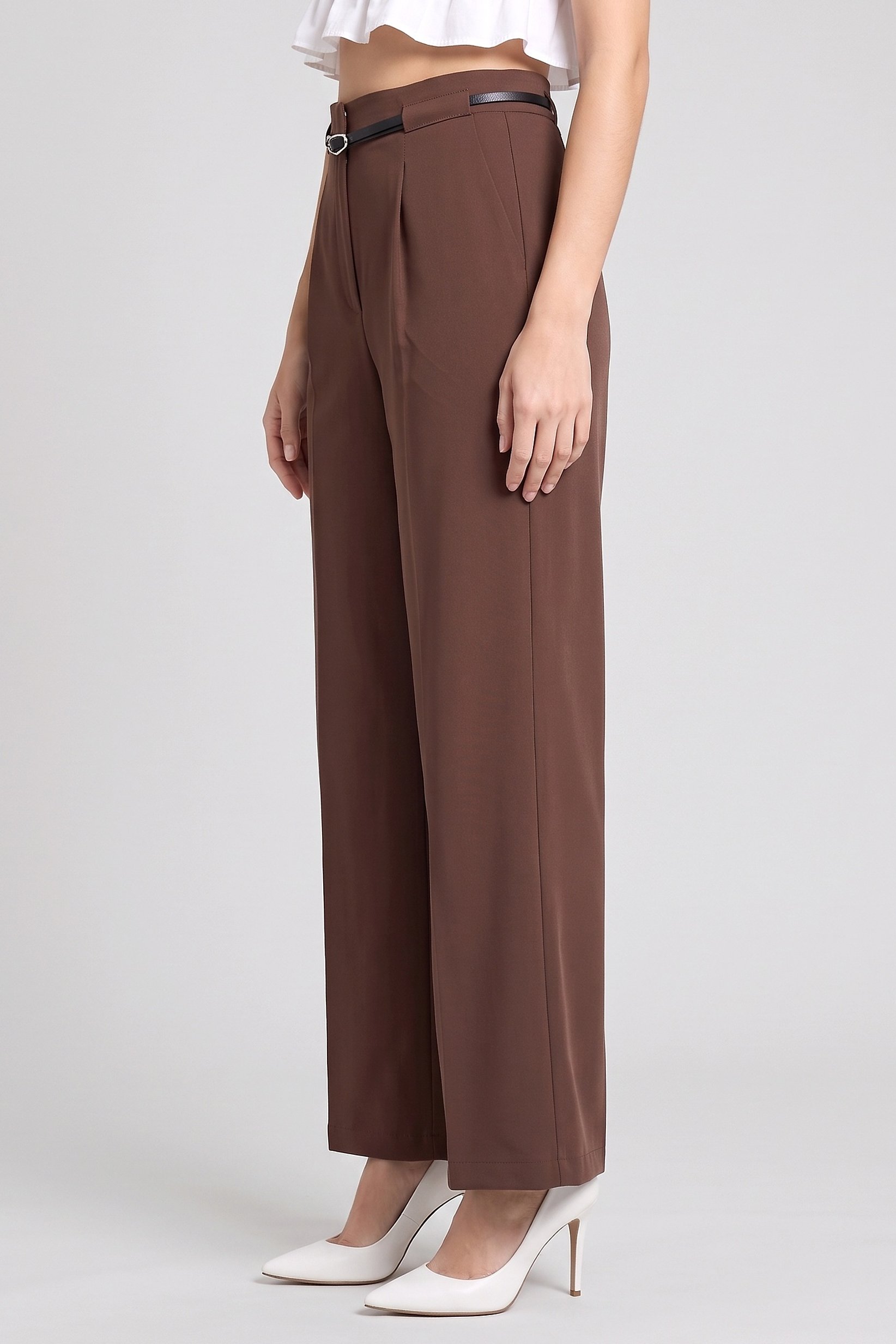 Women Regular Fit Plain Wide Leg Pants, Brown