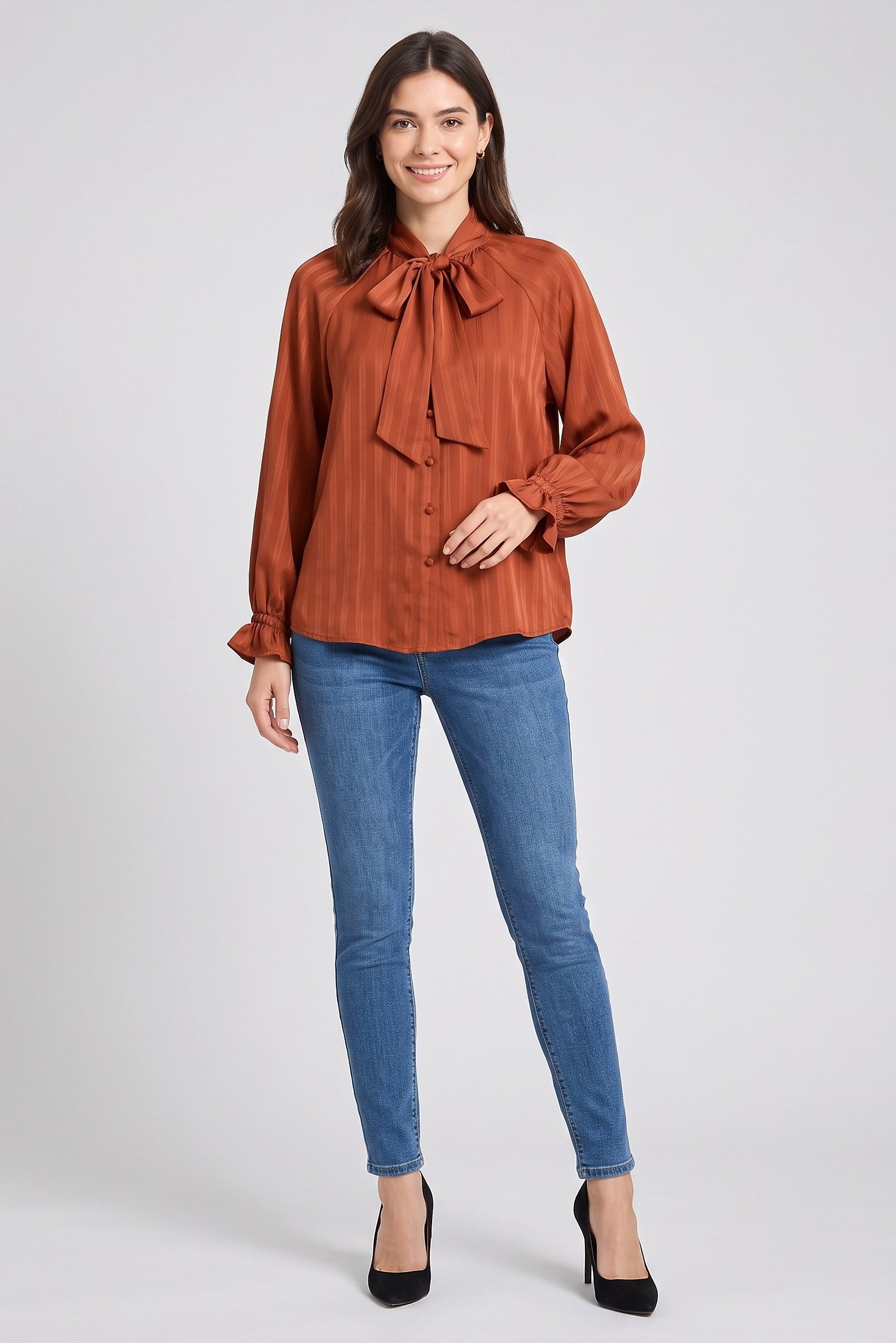 Nautica Jeans Co Women Tie Neckline Balloon Sleeve Textured Shirt, Brown