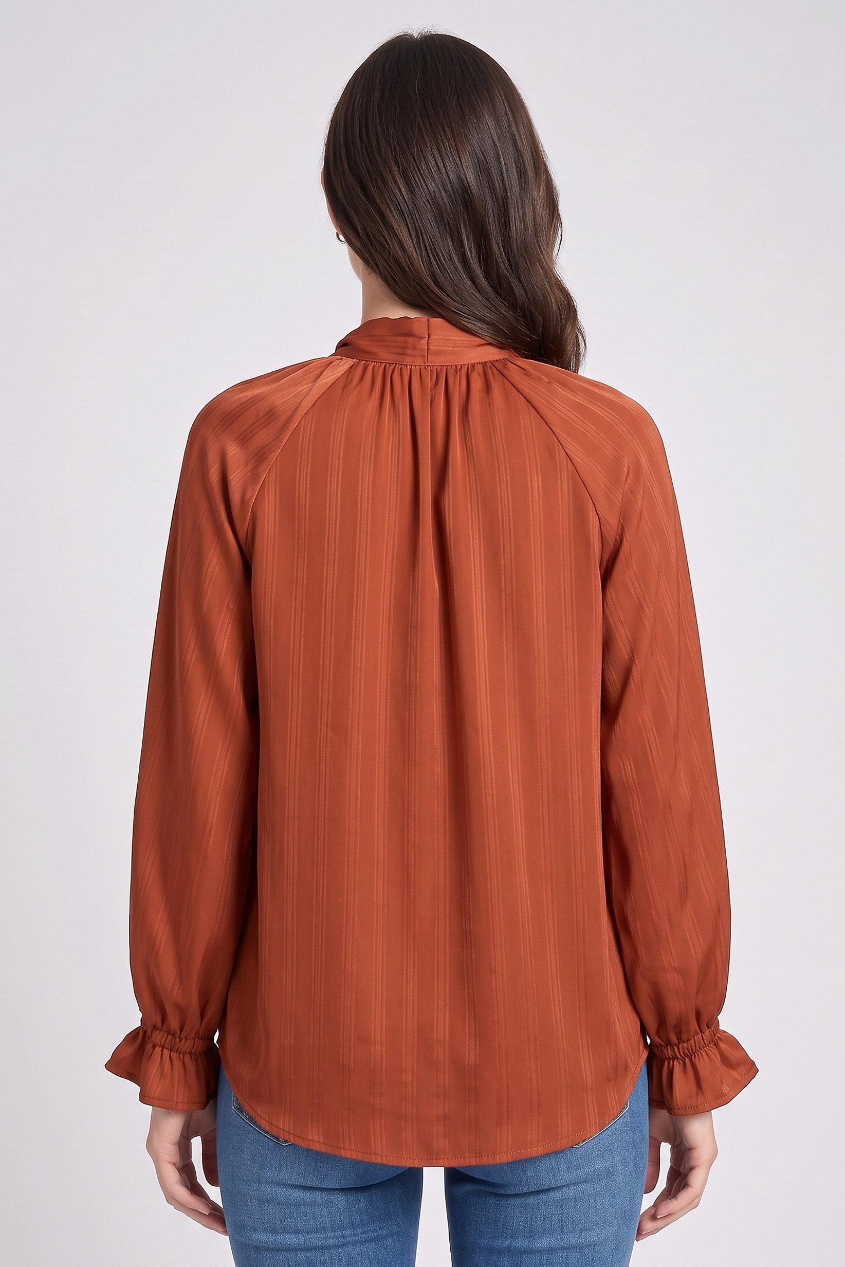 Nautica Jeans Co Women Tie Neckline Balloon Sleeve Textured Shirt, Brown