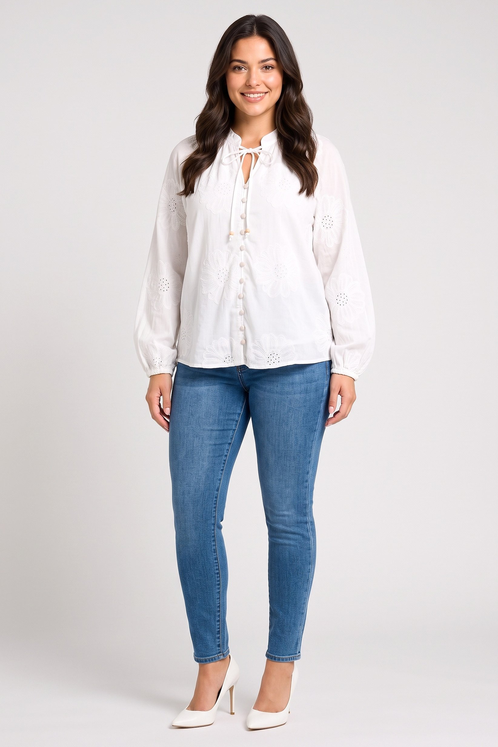 Women Tie Neckline Long Sleeve Embroidered Shirt, White