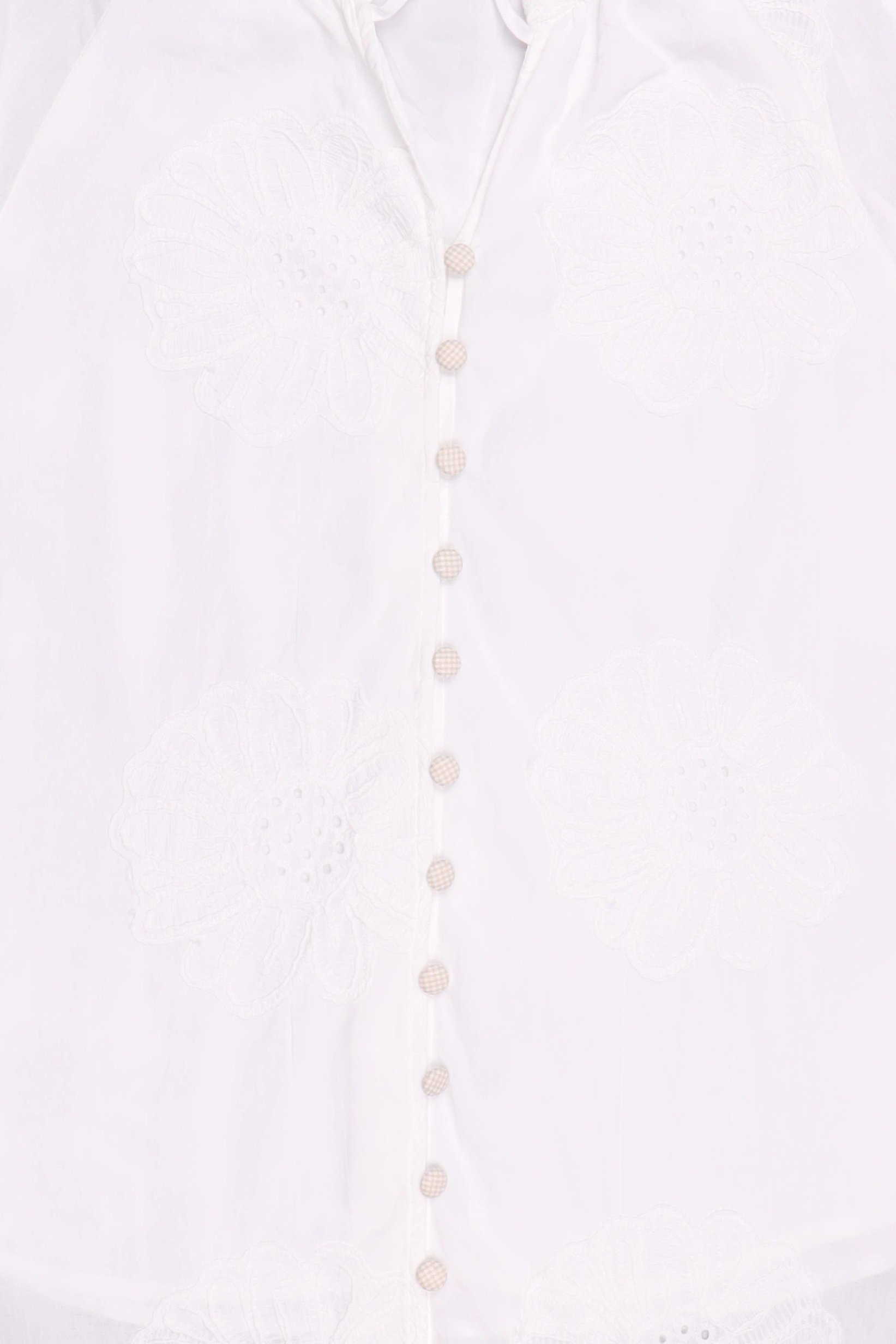 Women Tie Neckline Long Sleeve Embroidered Shirt, White