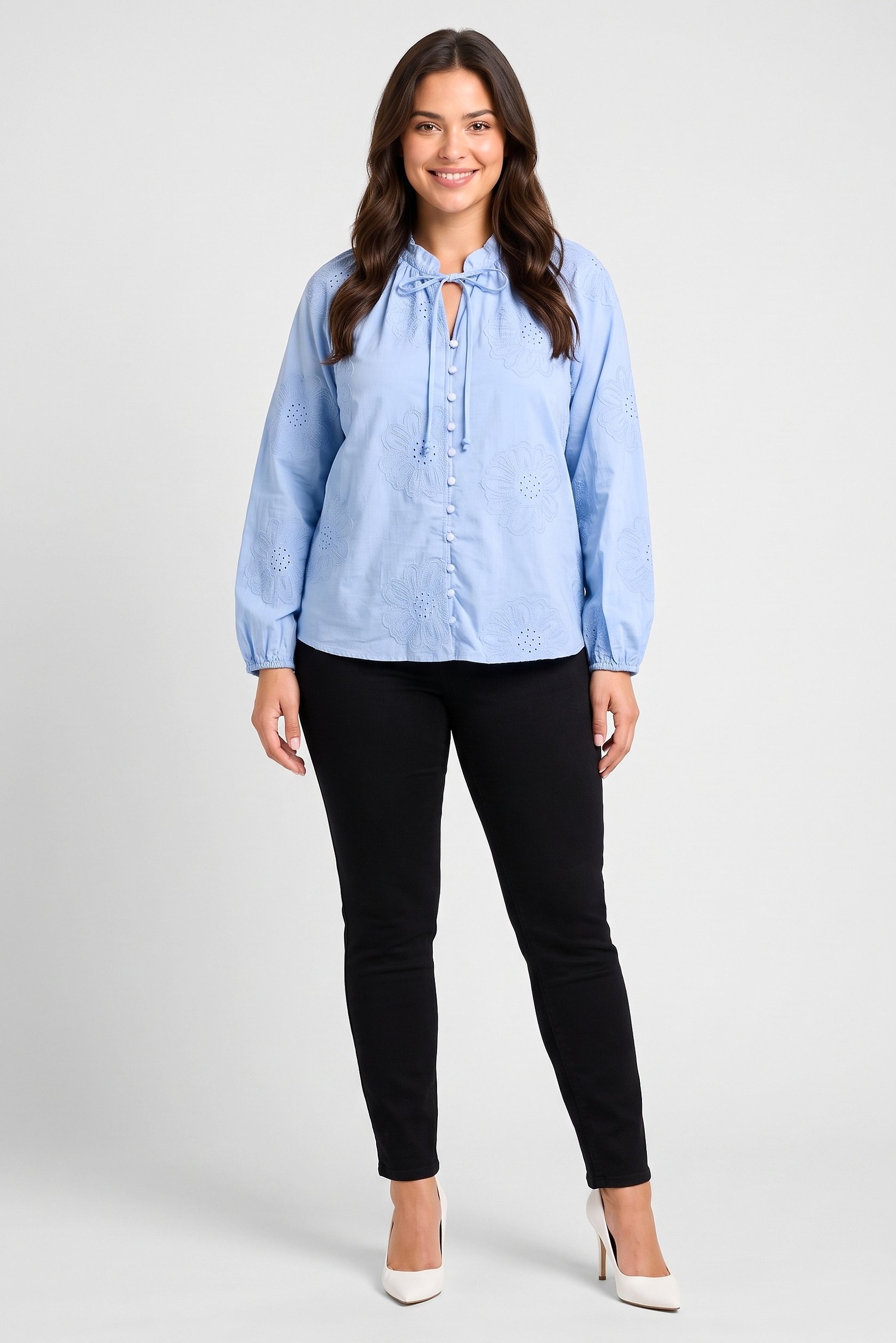 Women Tie Neckline Long Sleeve Embroidered Shirt, Light Blue