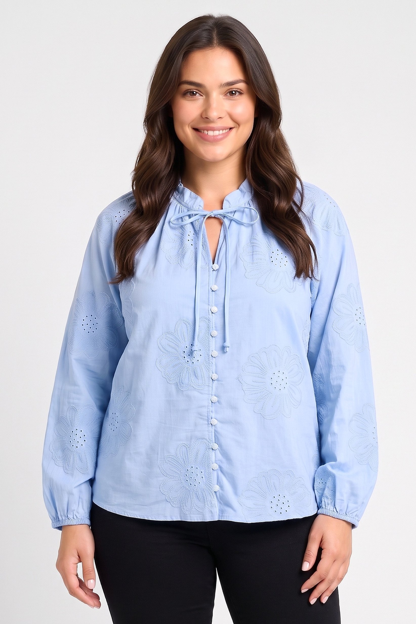 Women Tie Neckline Long Sleeve Embroidered Shirt, Light Blue