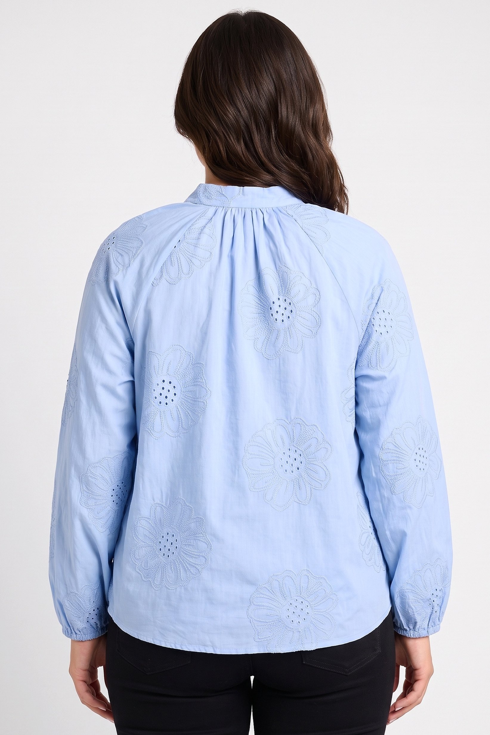 Women Tie Neckline Long Sleeve Embroidered Shirt, Light Blue