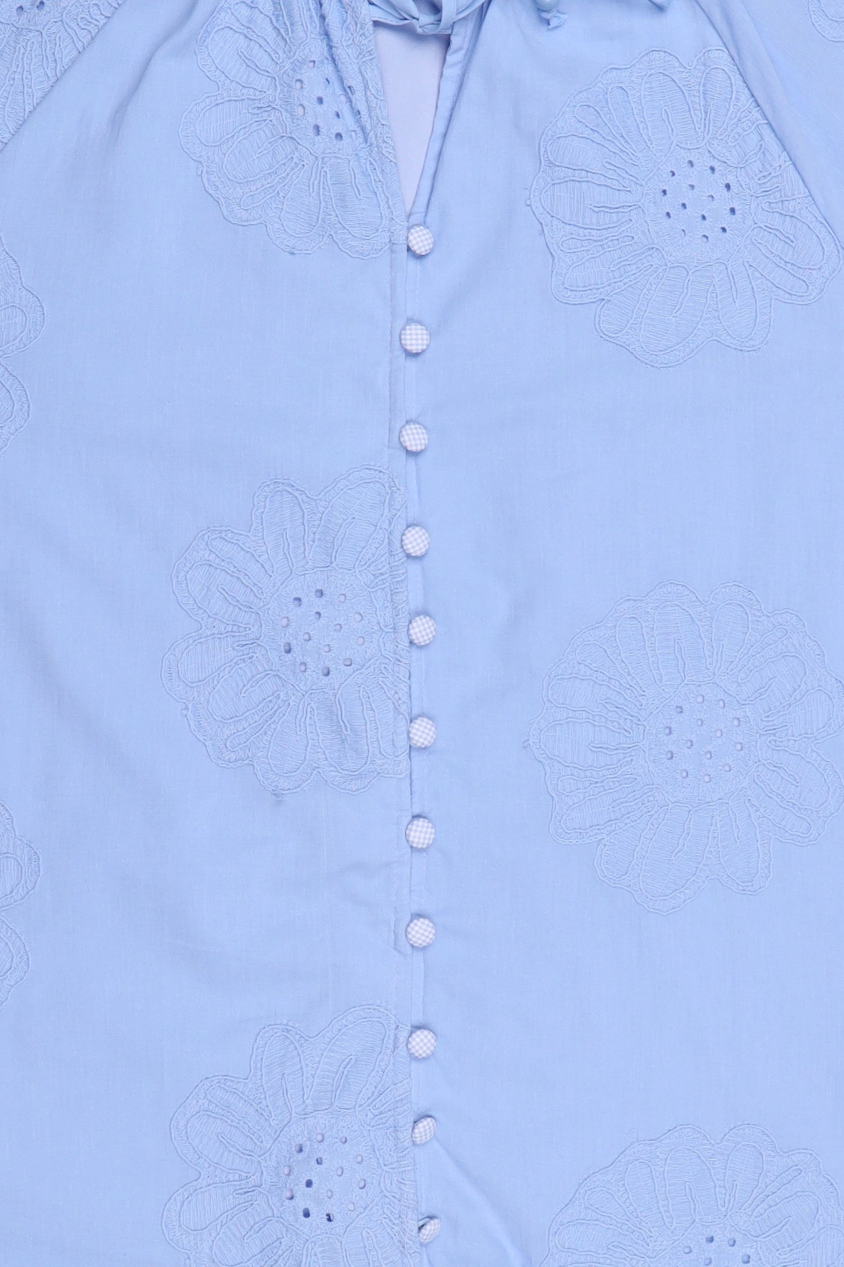 Women Tie Neckline Long Sleeve Embroidered Shirt, Light Blue
