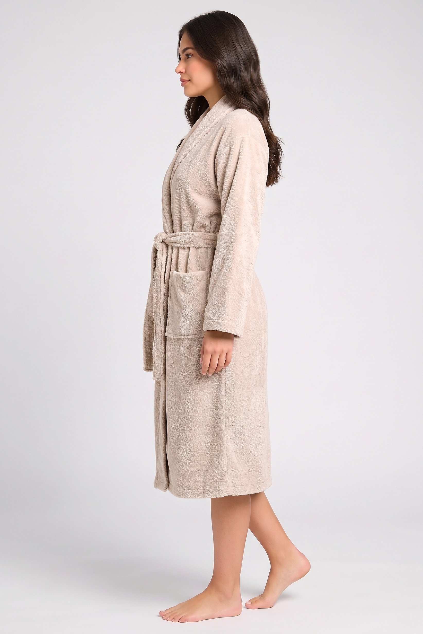 Women Textured Bath Robe, Beige