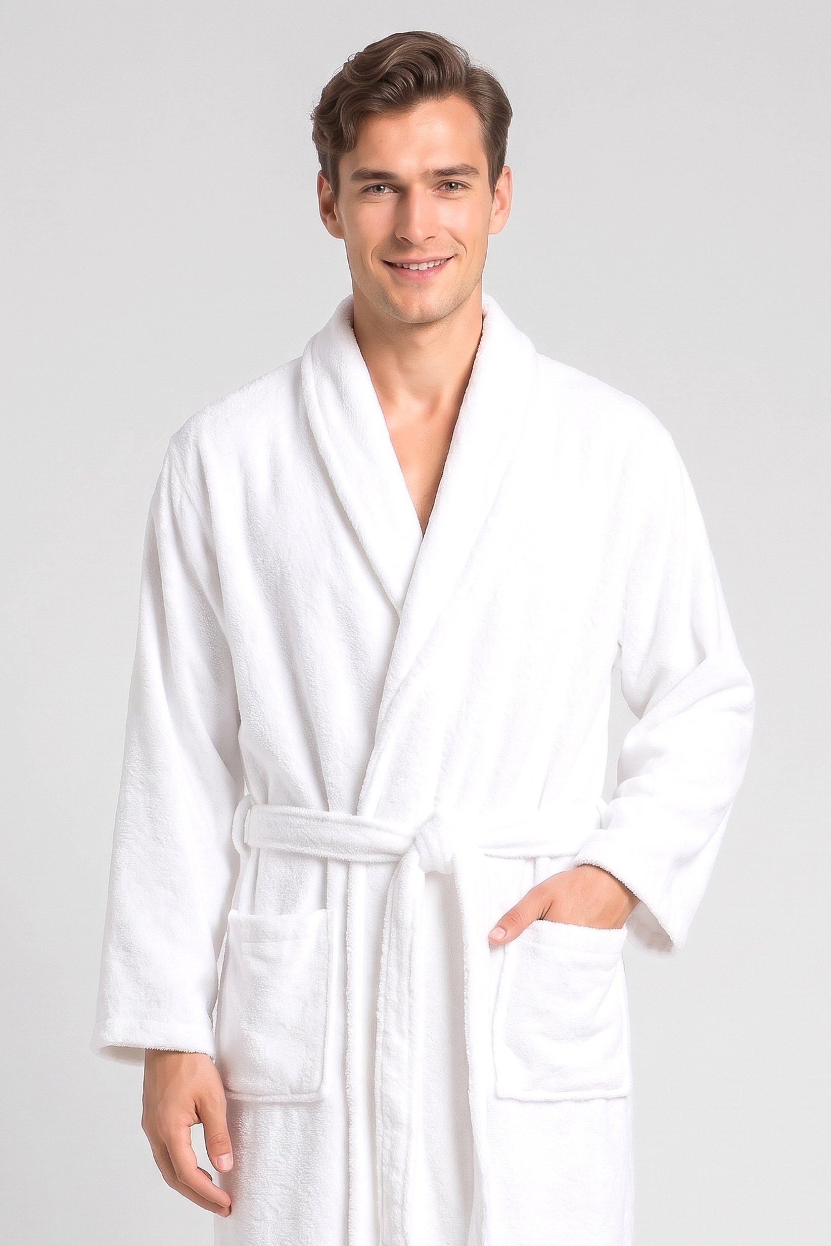Men Terry Belted Robe, White