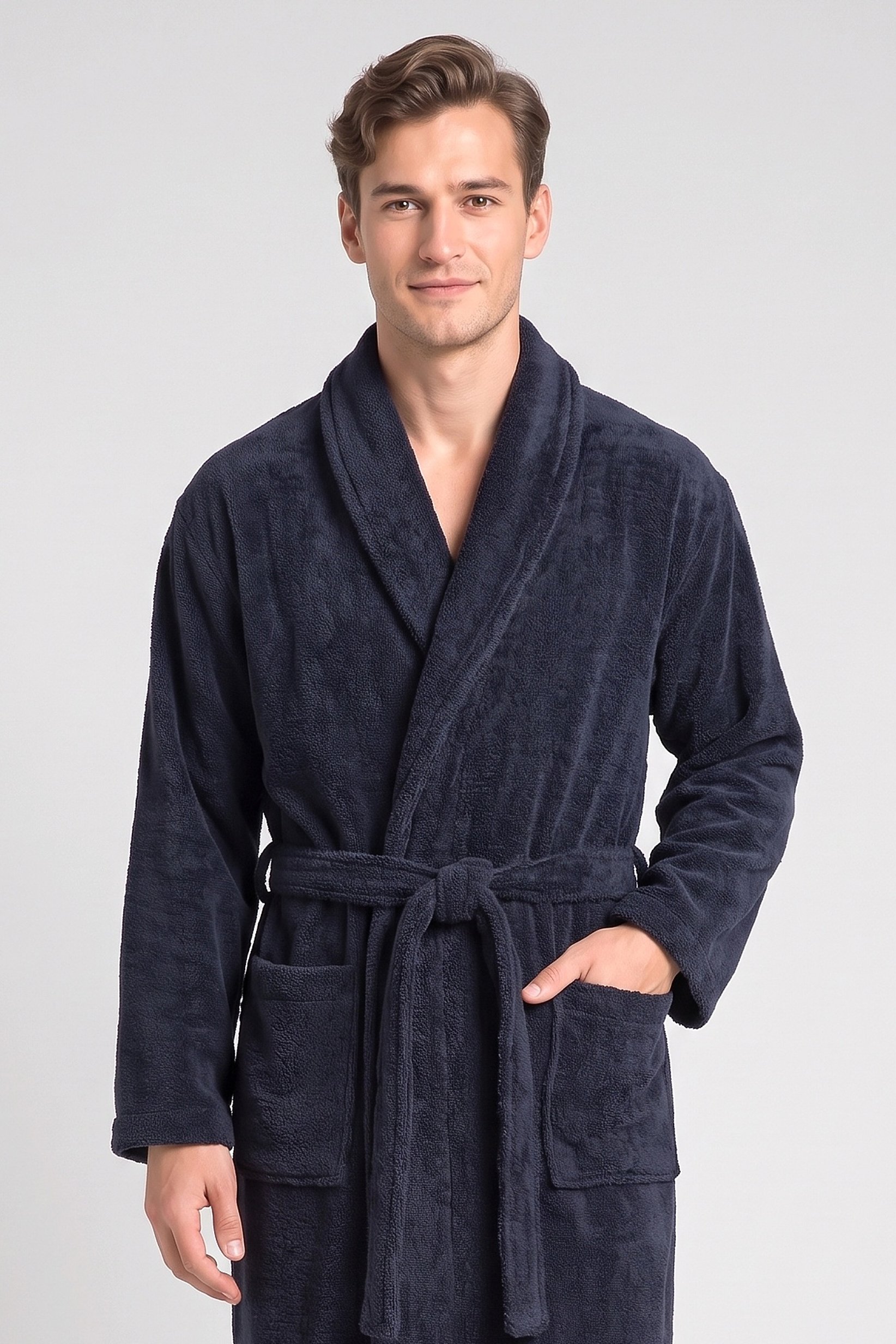 Men Textured Bath Robe, Dark Navy