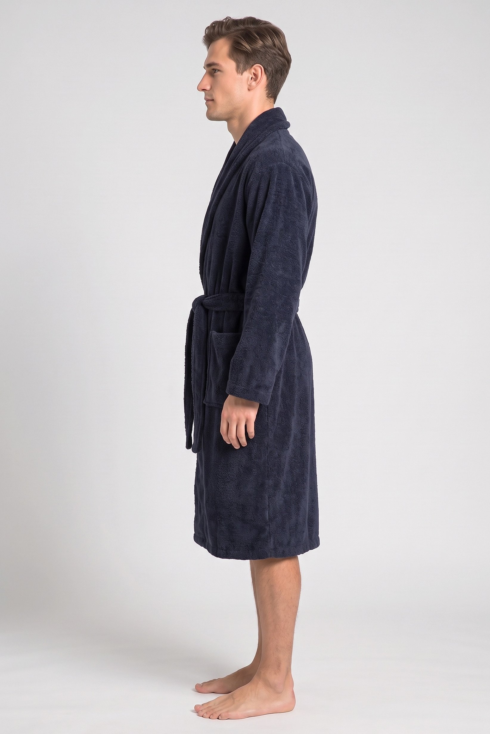 Men Textured Bath Robe, Dark Navy