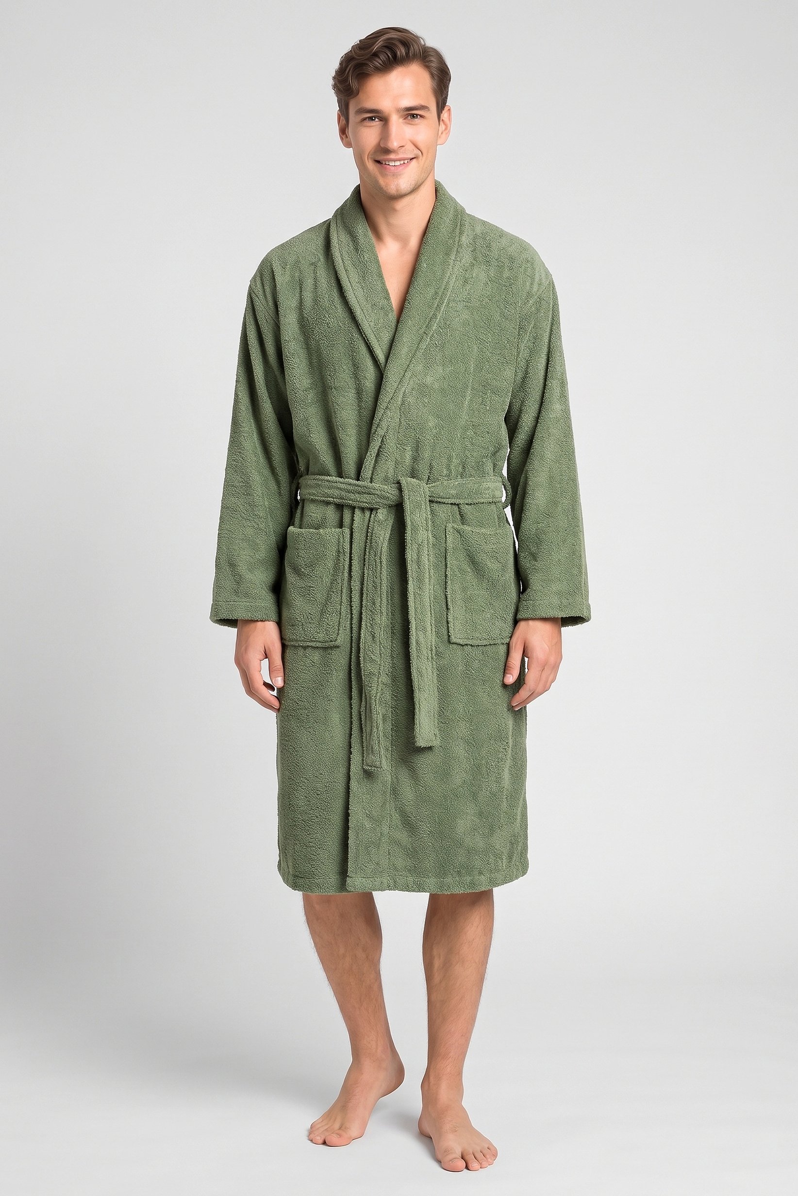 Men Terry Belted Robe, Olive