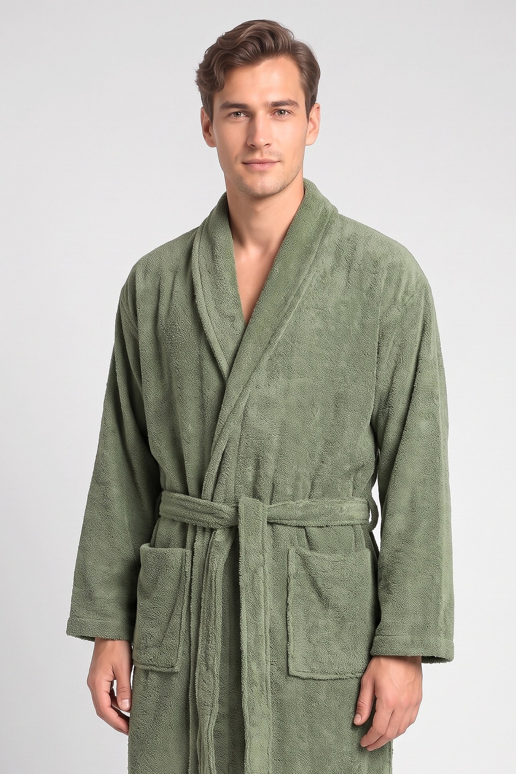 Men Terry Belted Robe, Olive