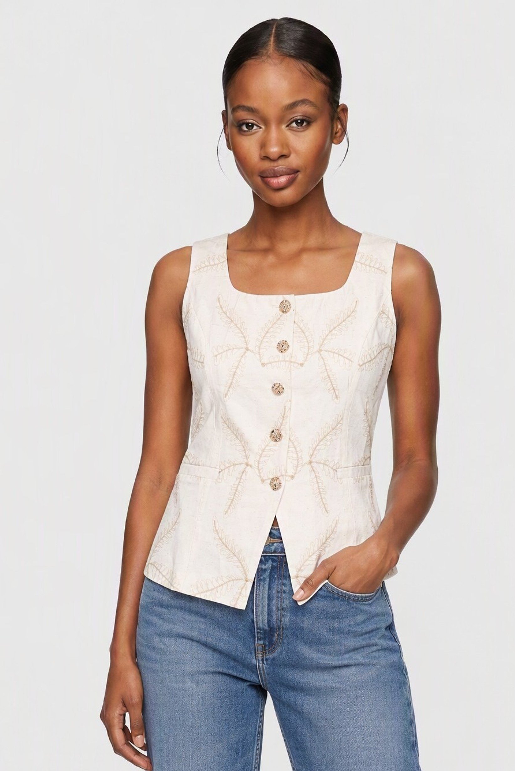 Women Square Neck Sleeveless Embroidered Tank Top, Beige
