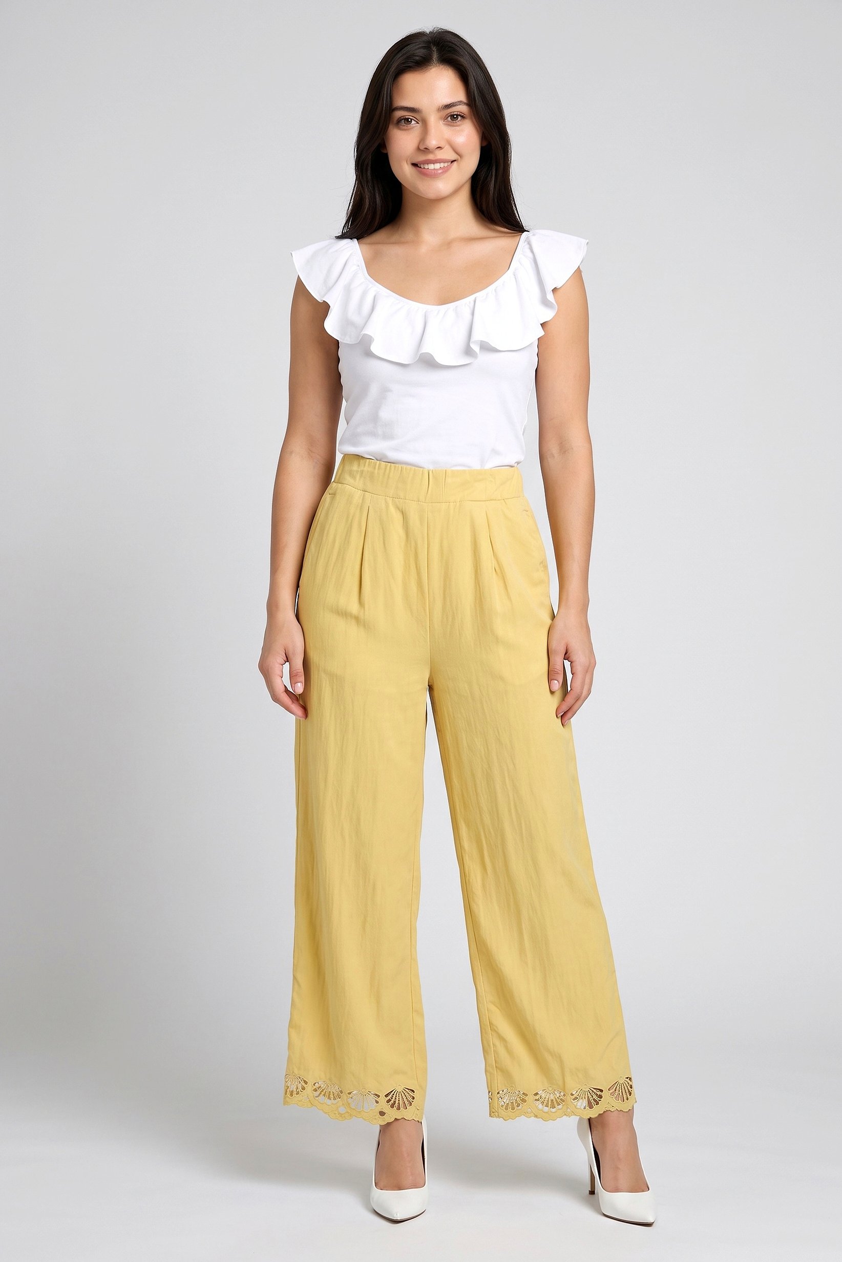 Women Regular Fit Embroidered Wide Leg Pants, Yallow