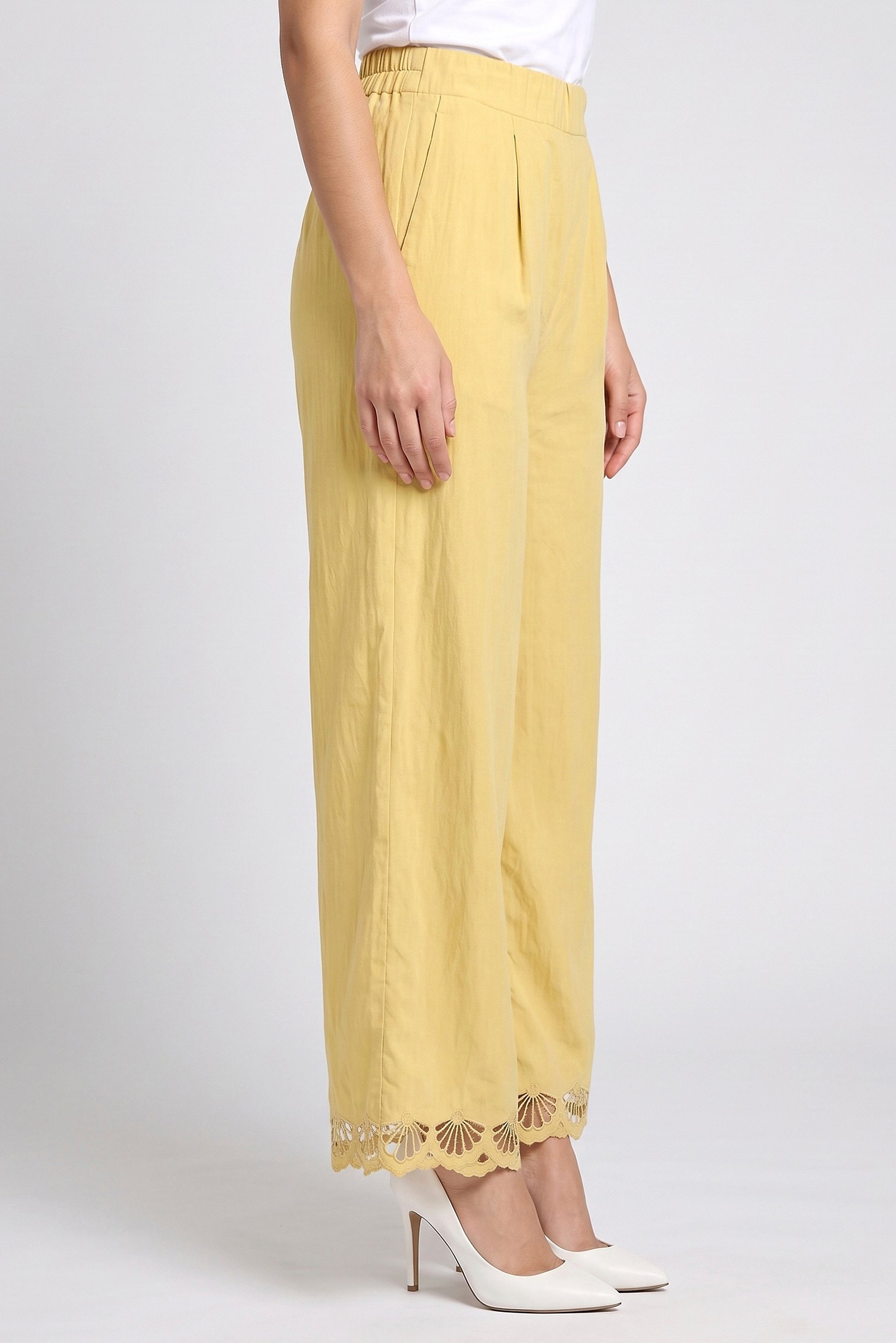 Women Regular Fit Embroidered Wide Leg Pants, Yallow