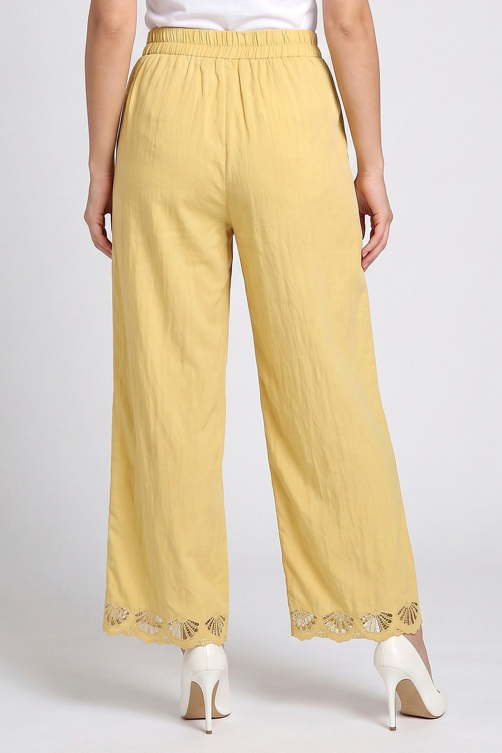 Women Regular Fit Embroidered Wide Leg Pants, Yallow