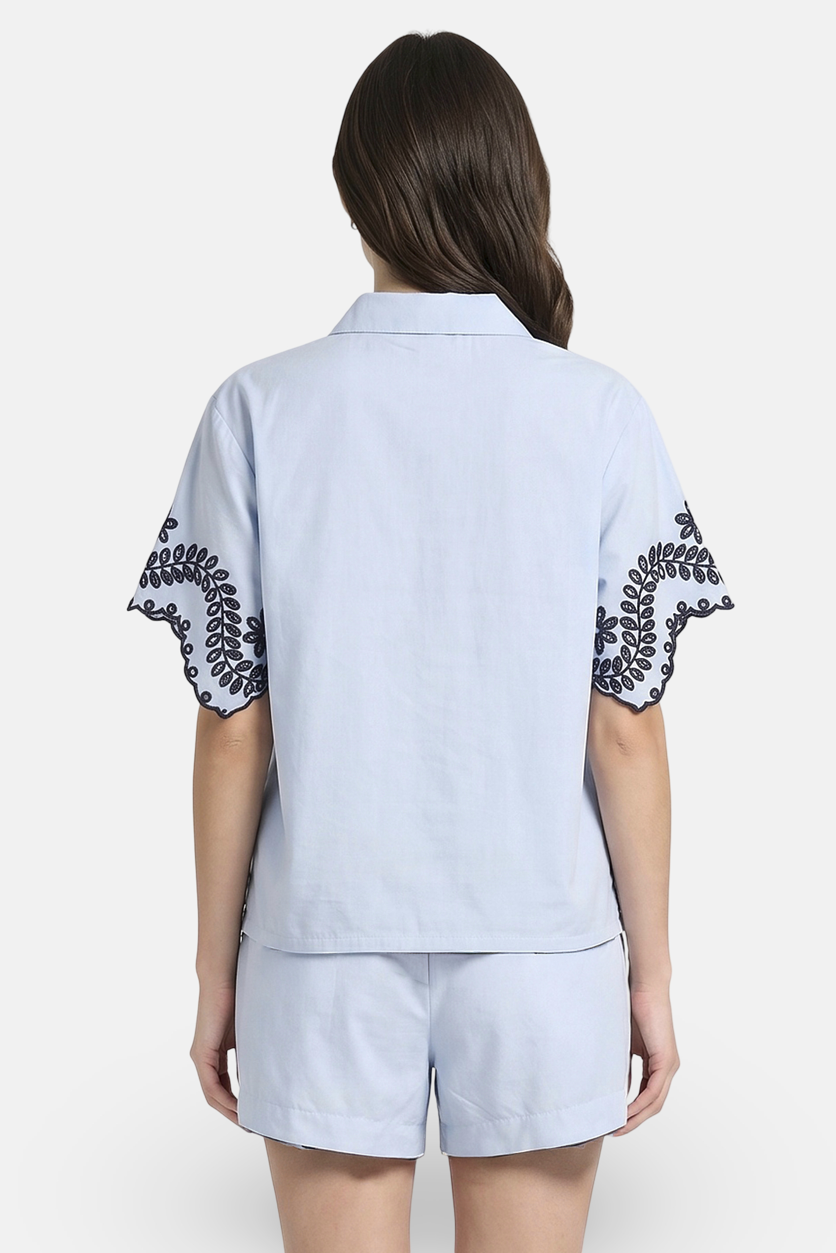 Women 2 Pcs Eyelet Short Sleeve Shirt And Shorts Set, Blue