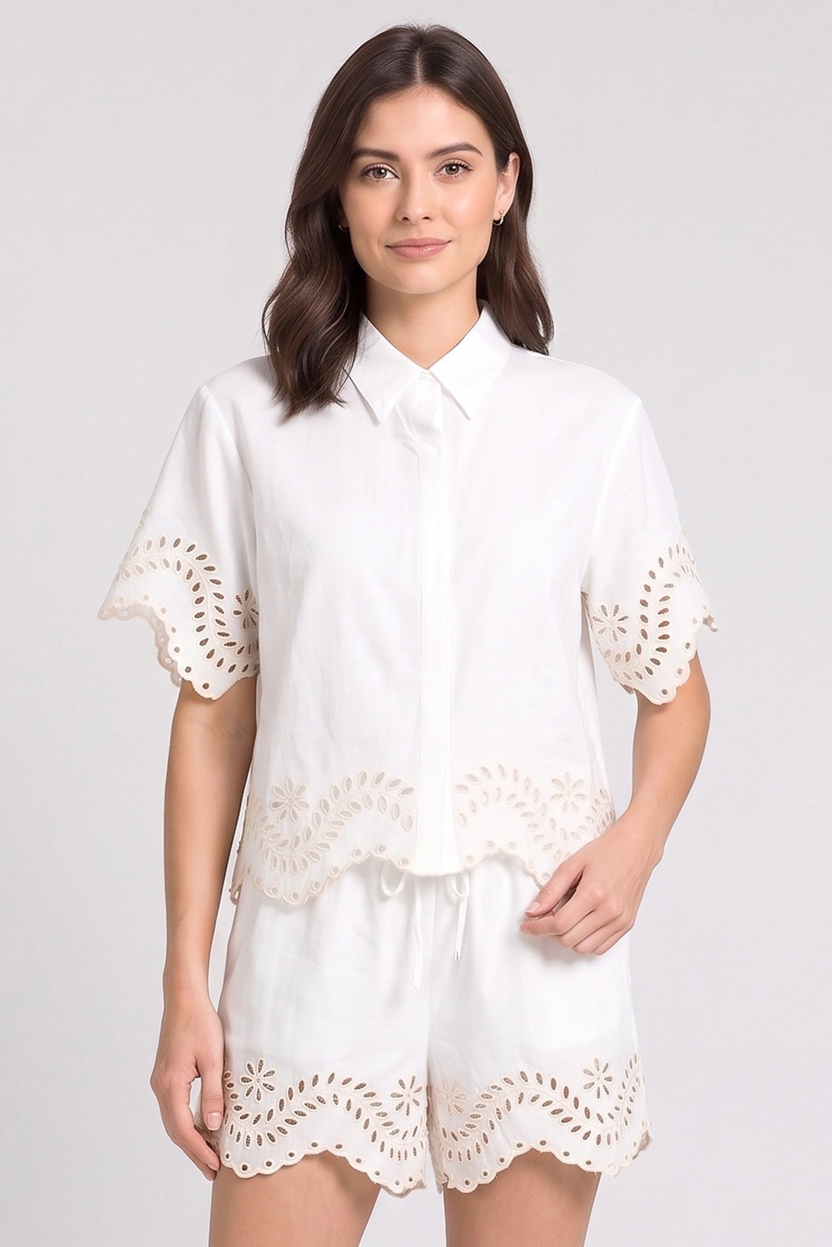 Women 2 Pcs Eyelet Short Sleeve Shirt And Shorts Set, Off-White