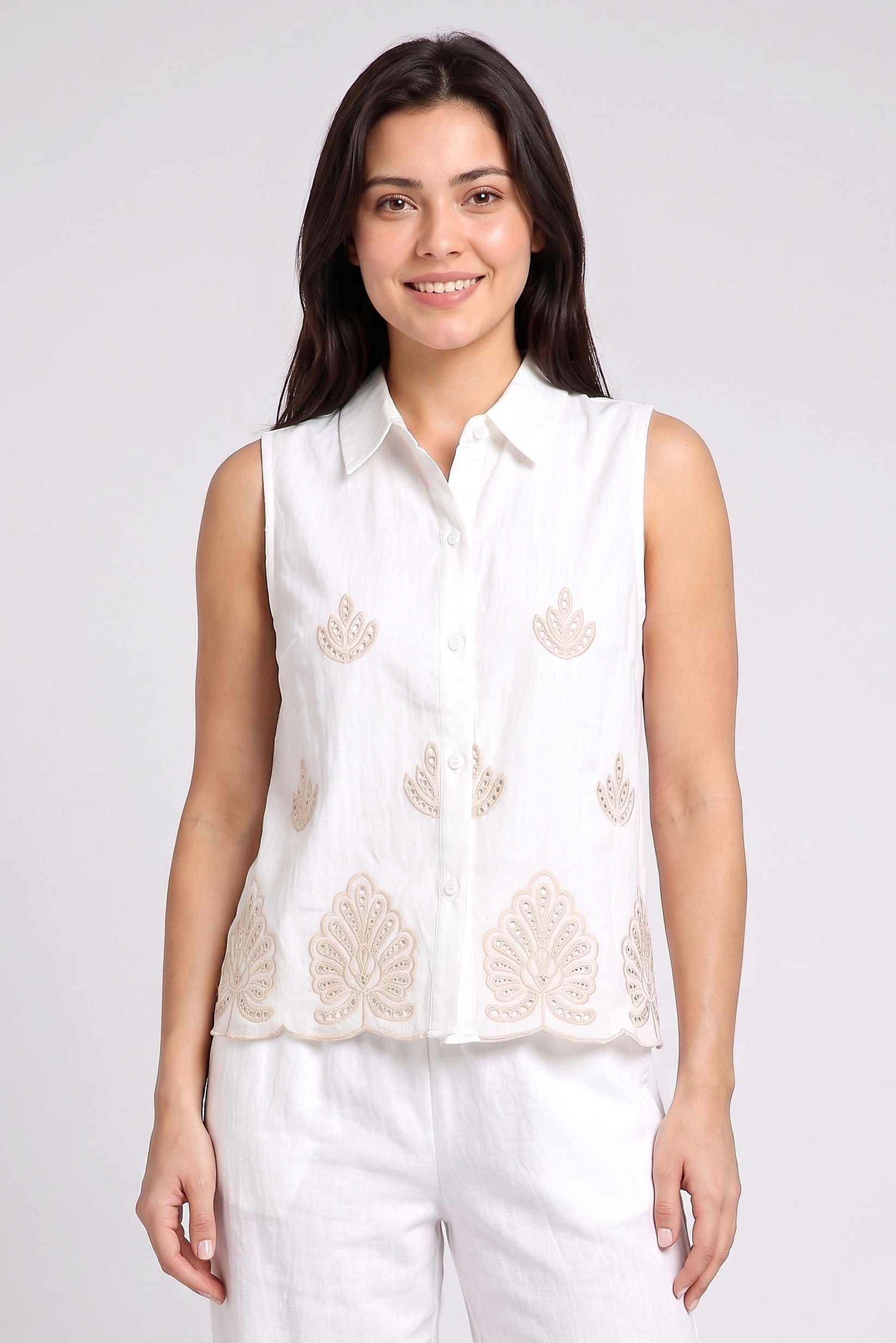 Women 2 Pcs Sleeveless Embroidered Shirt And Bottom Set, White
