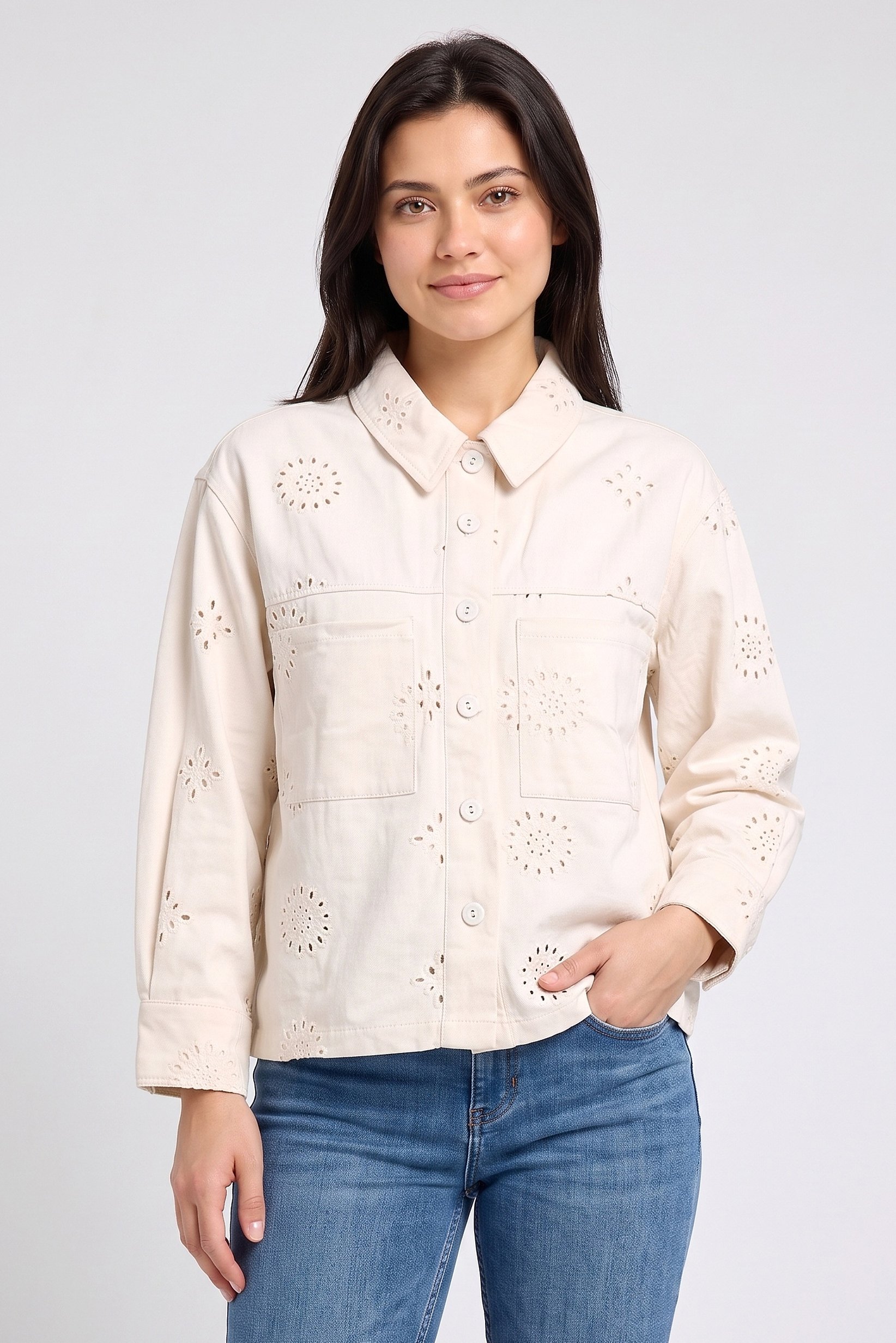 Women Embroidered Denim Jacket, Beige