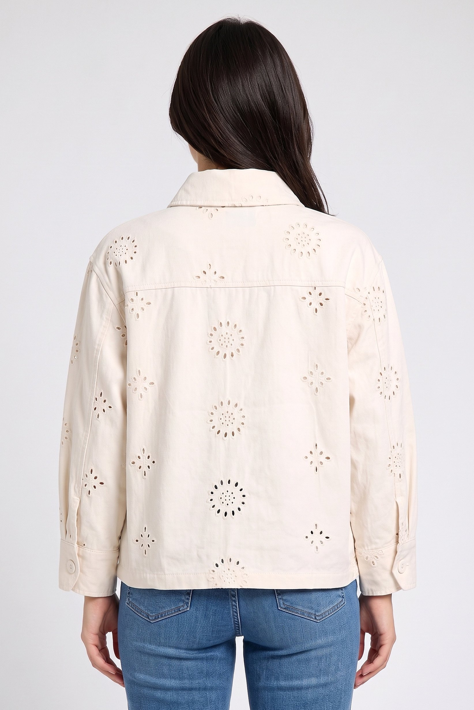 Women Embroidered Denim Jacket, Beige