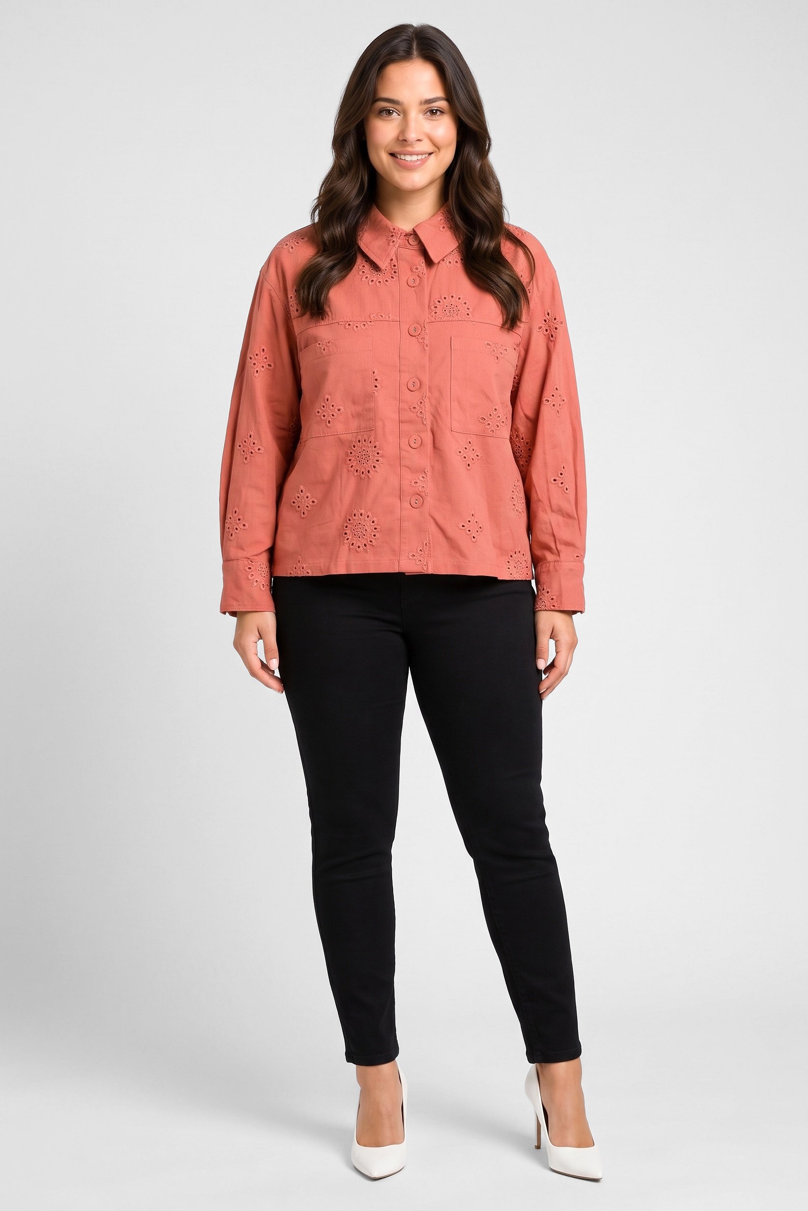 Women Spread Collar Long Sleeve Embroidered Shirt, Rust