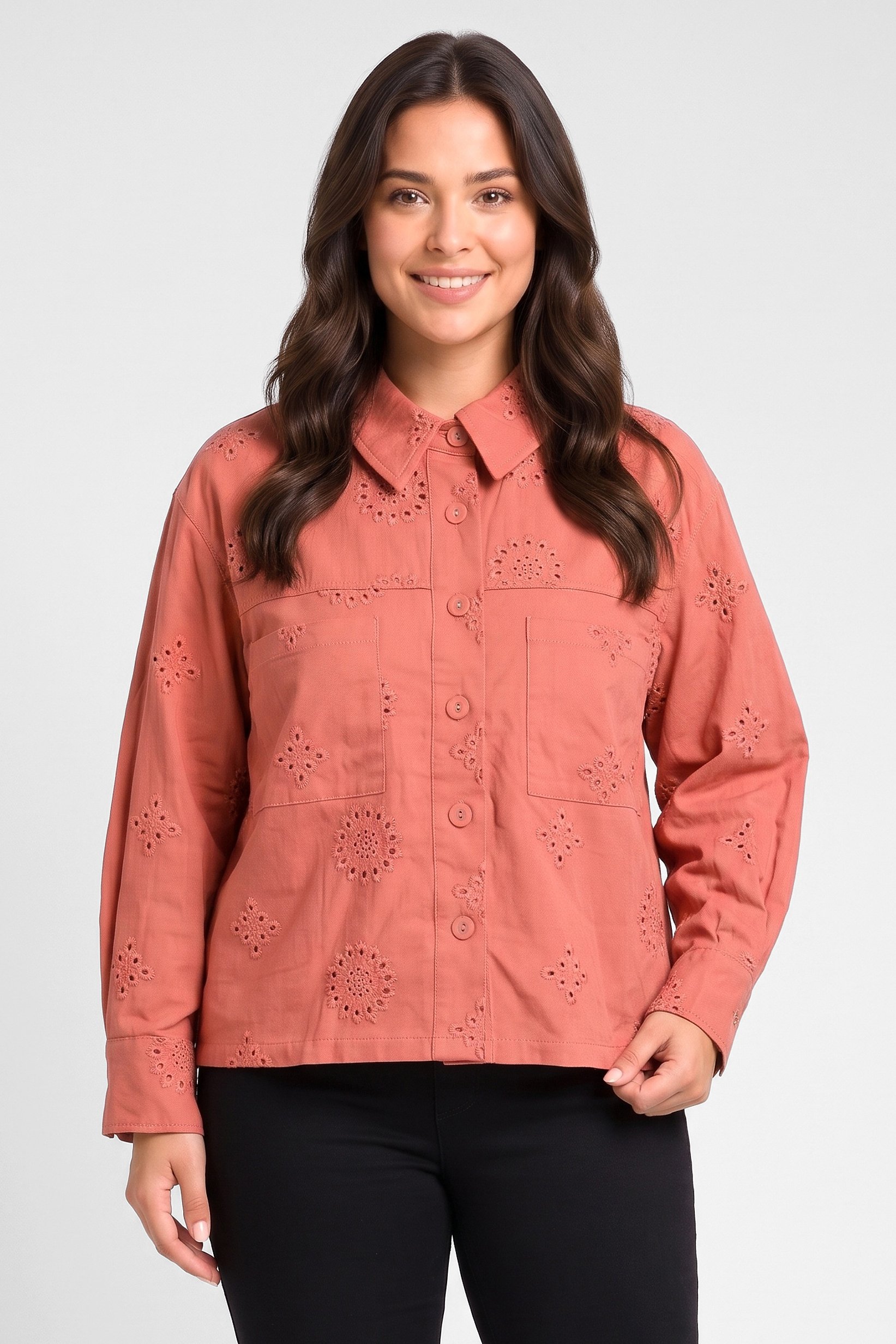Women Spread Collar Long Sleeve Embroidered Shirt, Rust