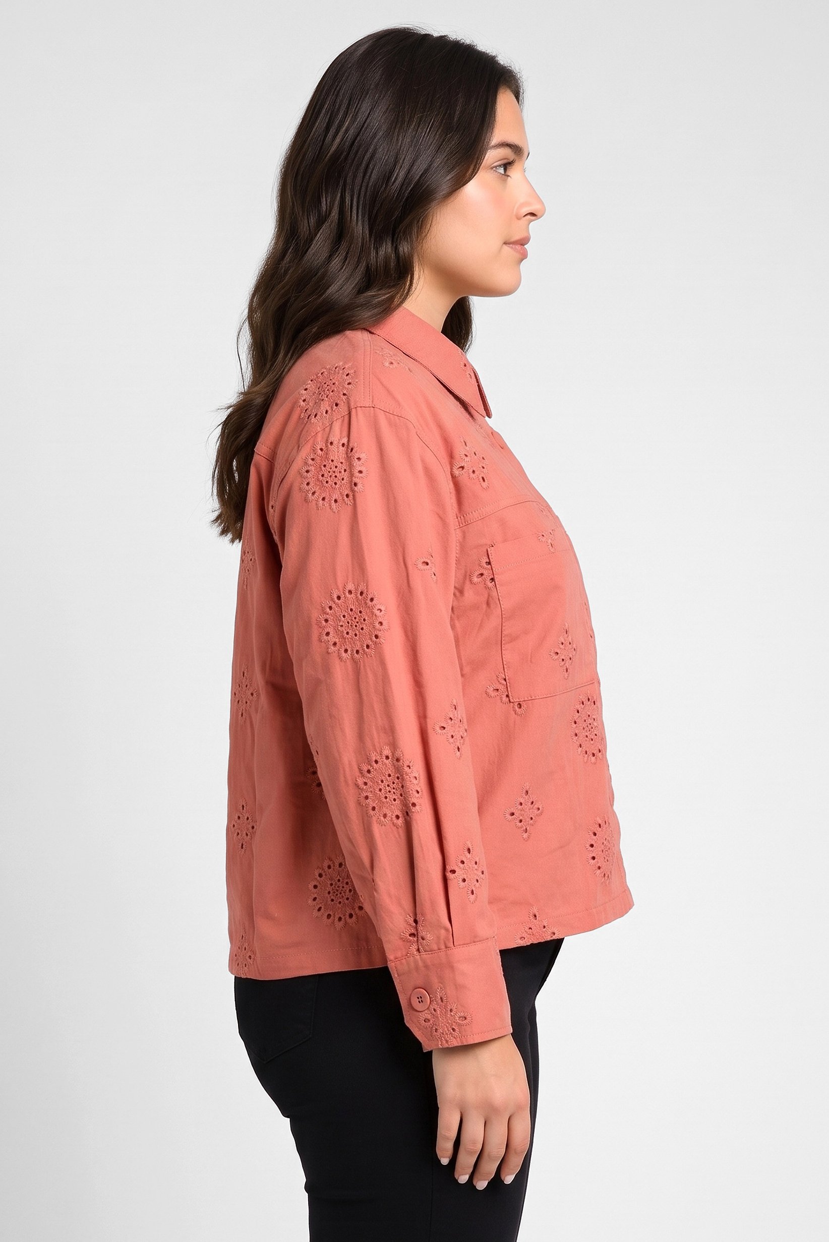 Women Spread Collar Long Sleeve Embroidered Shirt, Rust
