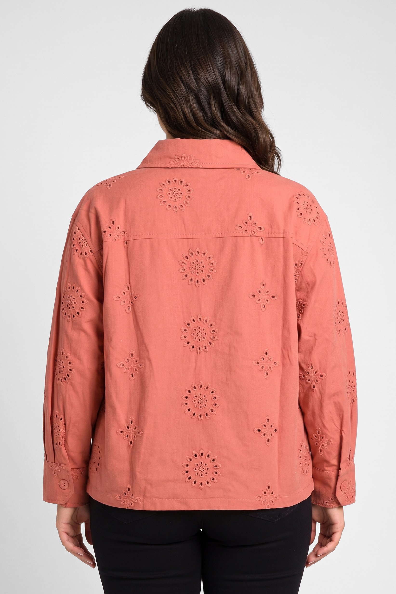 Women Spread Collar Long Sleeve Embroidered Shirt, Rust
