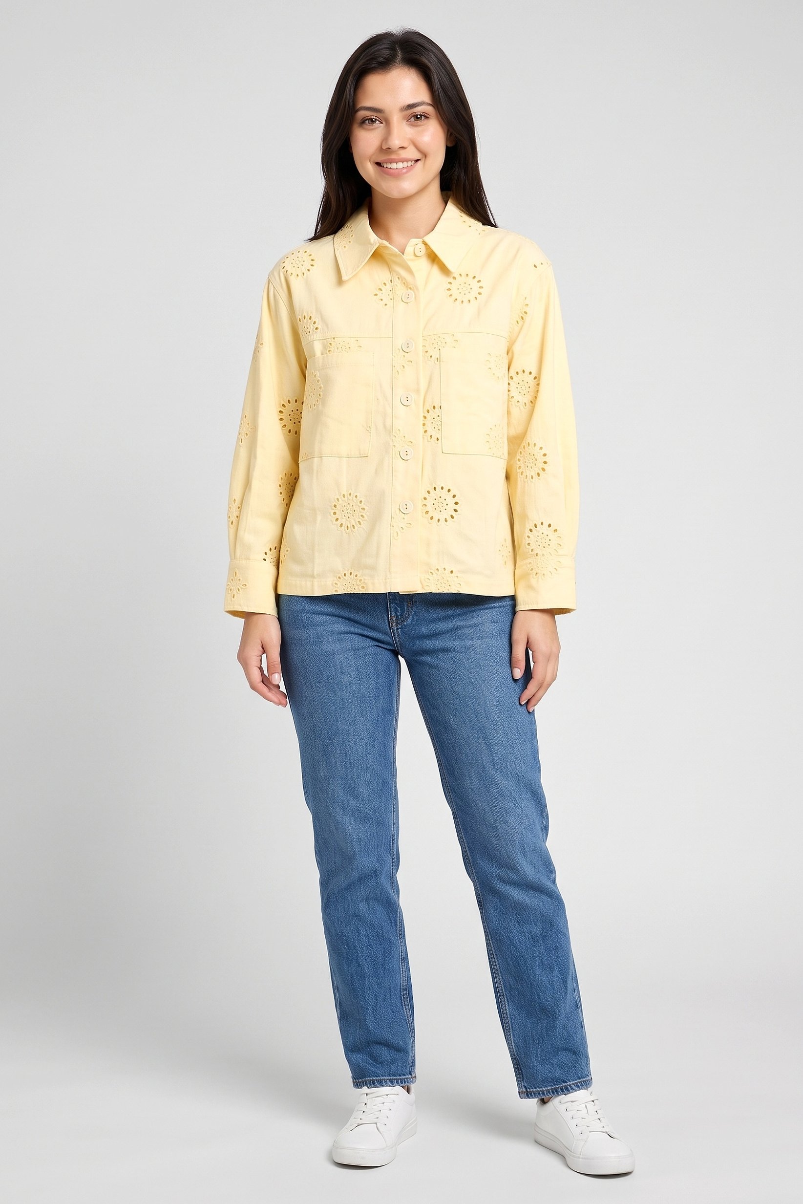 Women Spread Collar Long Sleeve Embroidered Shirt, Yellow