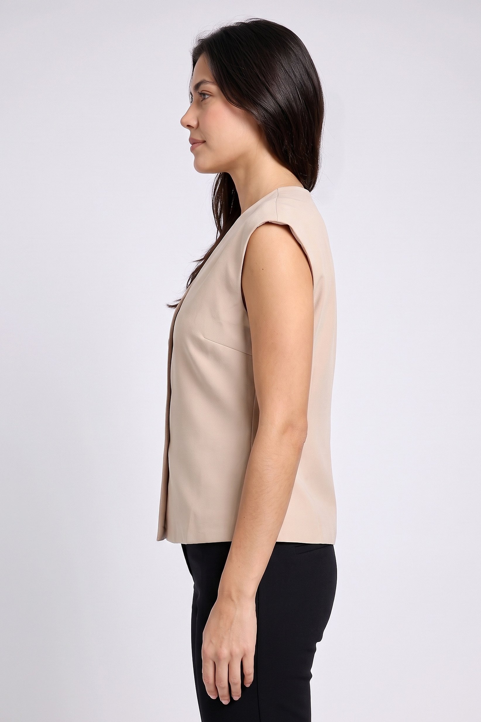 Women V-Neck Short Sleeve Plain Top, Beige